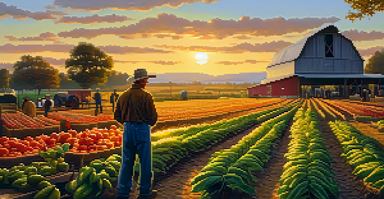 A farmer inspecting a diverse array of heirloom crops on a farm during sunset, with colorful plants illuminated by warm light.