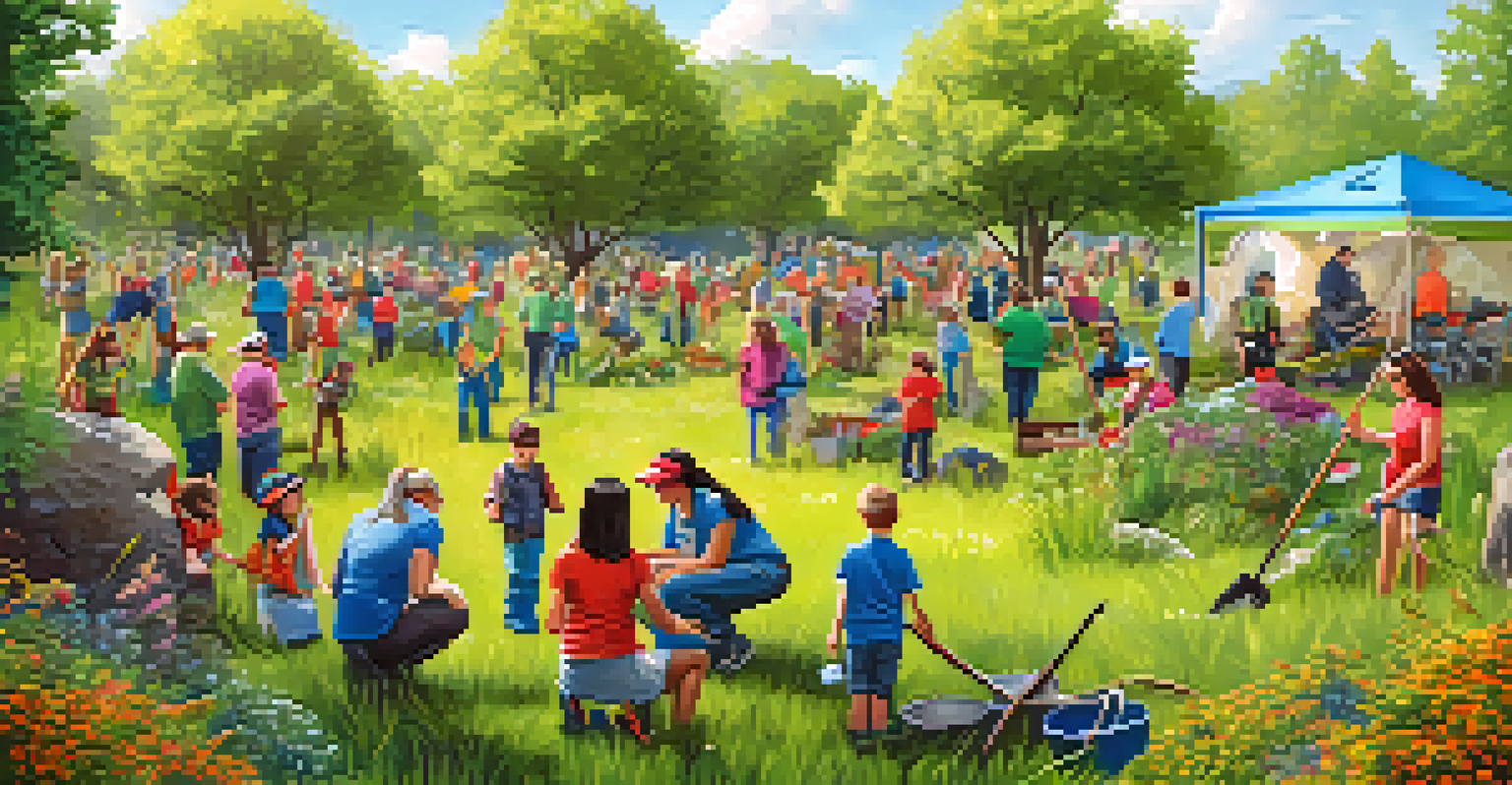 Local volunteers of various ages participating in a community event to remove invasive plants in a park, surrounded by native greenery and colorful banners.