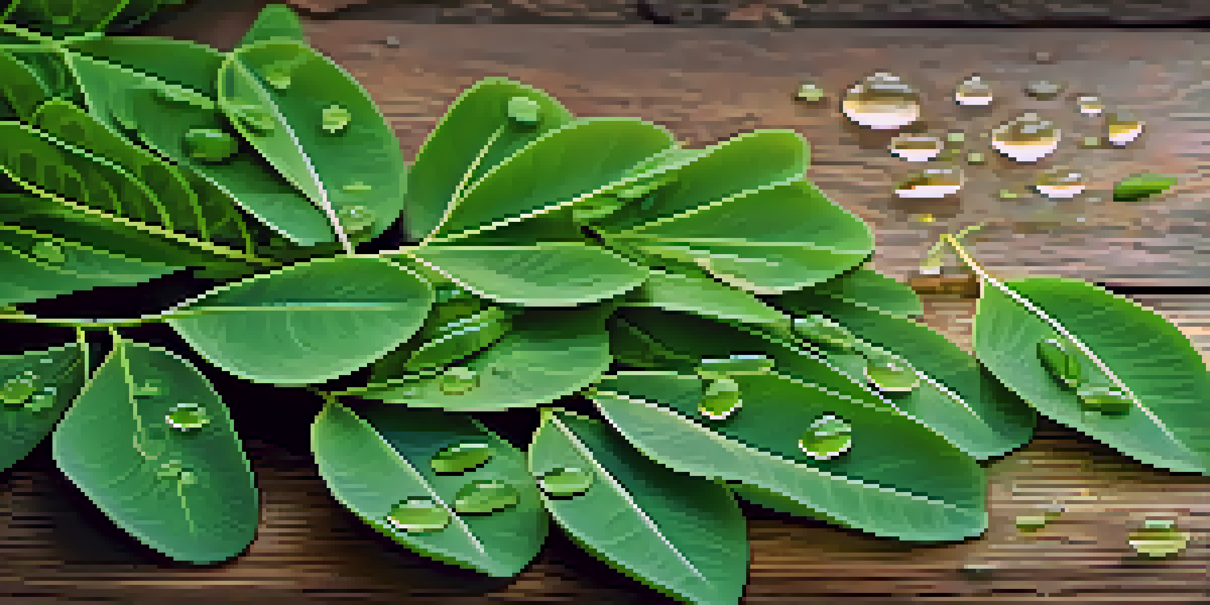 Close-up of fresh Moringa leaves with morning dew on a wooden background.