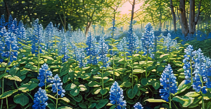 A close-up of indigo plants in a sunny field, showcasing blue flowers and green leaves.