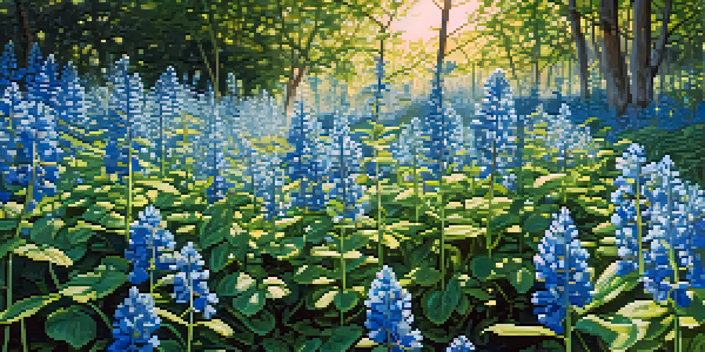 A close-up of indigo plants in a sunny field, showcasing blue flowers and green leaves.