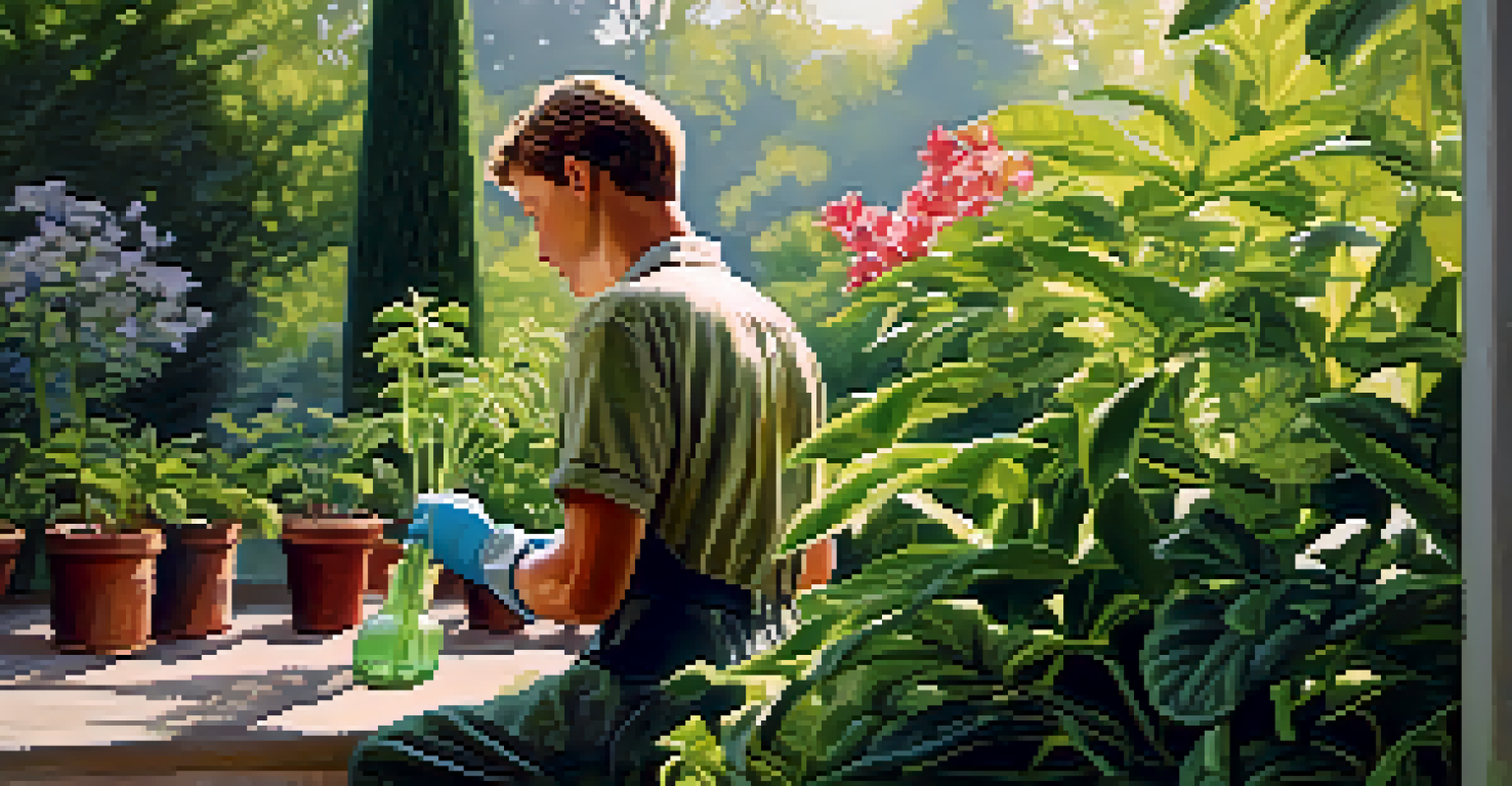 A gardener inspecting a plant under sunlight, with a spray bottle in hand.