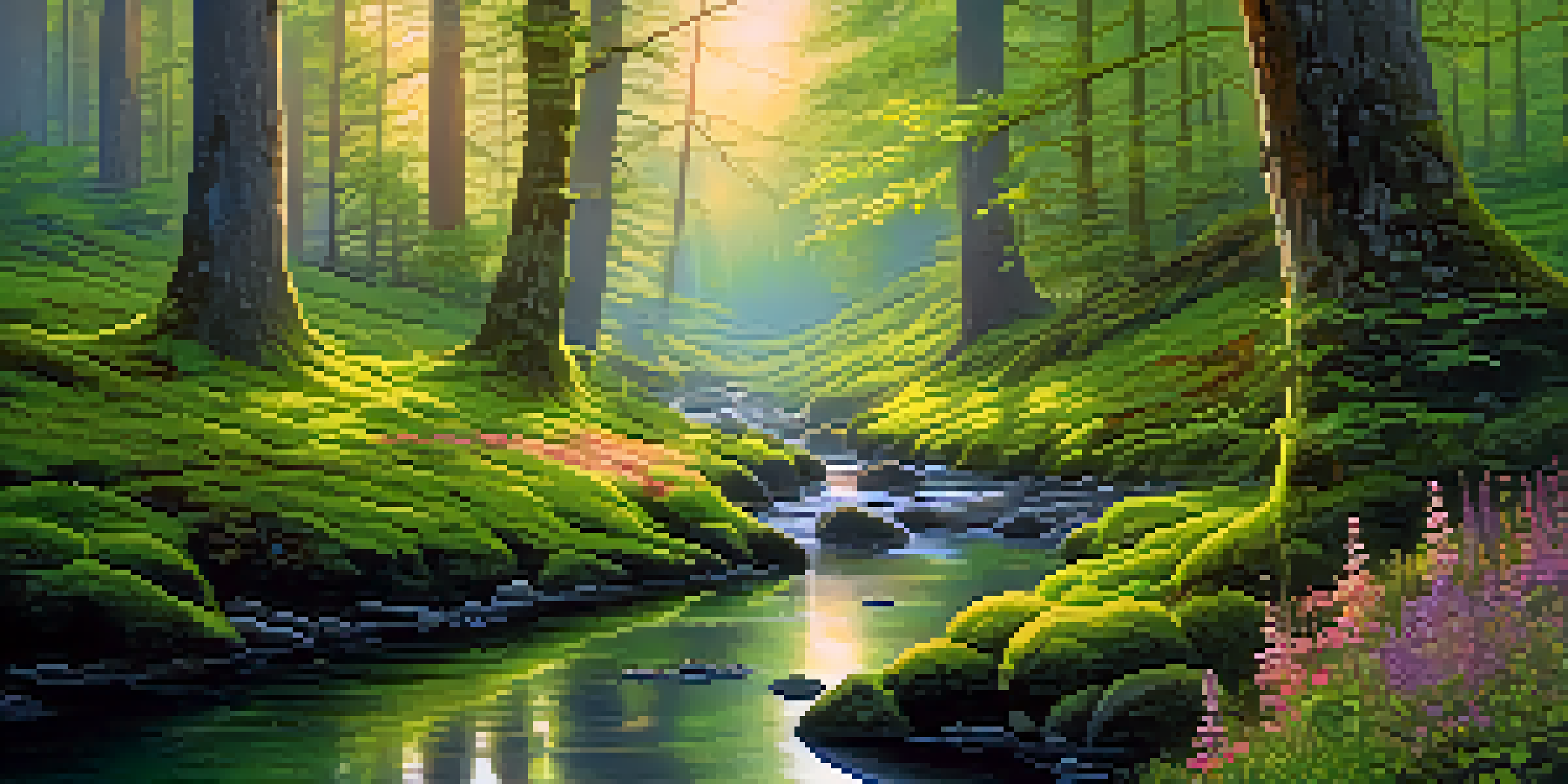 A tranquil morning scene in a forest, with sunlight shining through trees and a stream in the background.