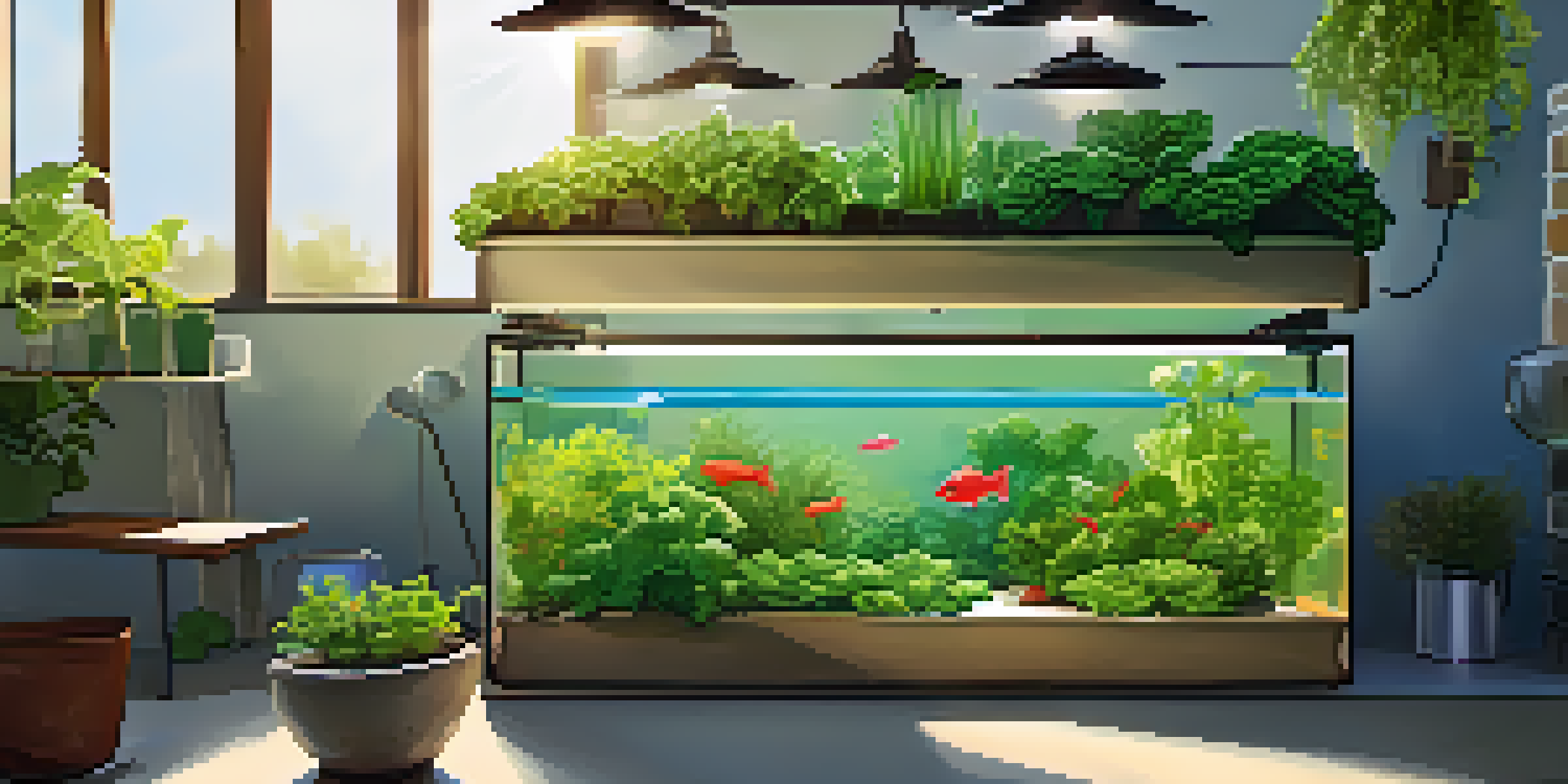 A bright and lush aquaponics garden with leafy greens and colorful fish in a sunny backyard.