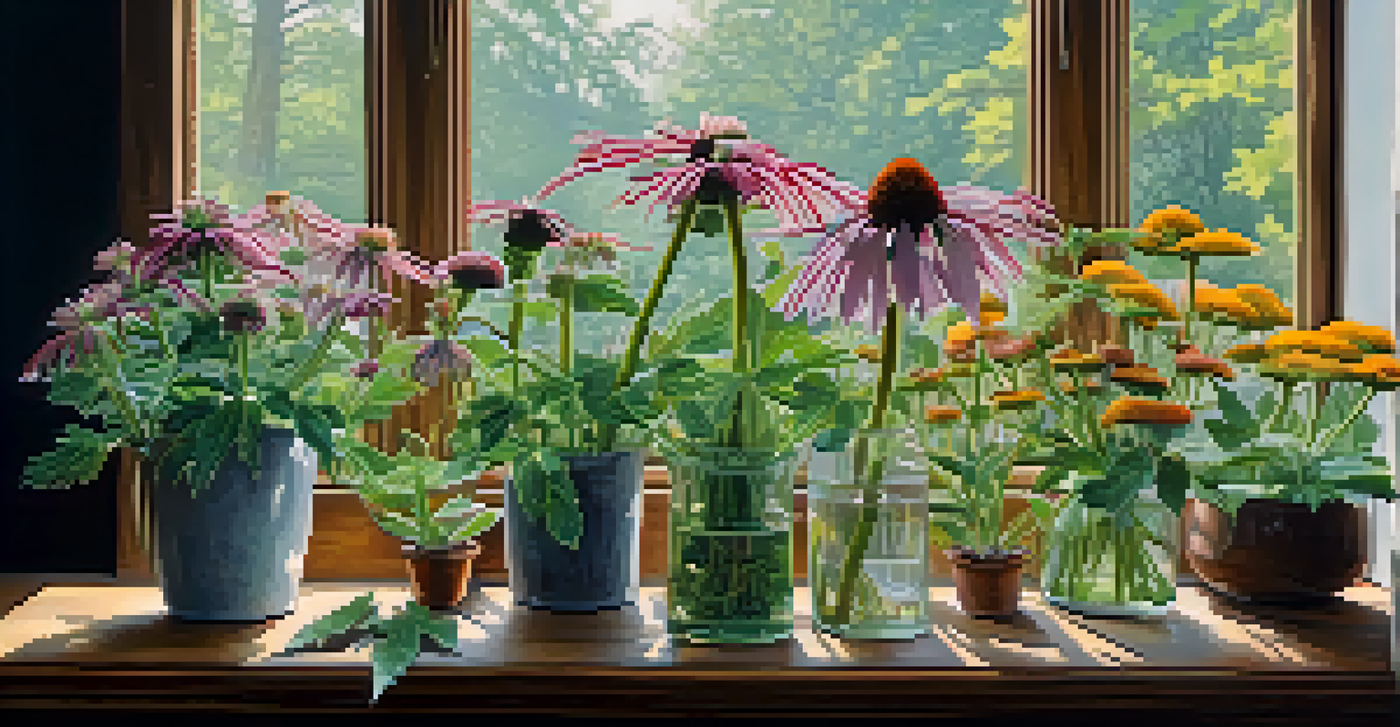An artistic arrangement of medicinal plants on a wooden table, showcasing their vibrant colors and intricate details.