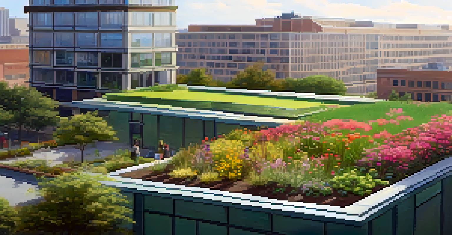 A colorful green roof with flowering plants and small trees on a public building, with birds enjoying the green space under soft natural light.