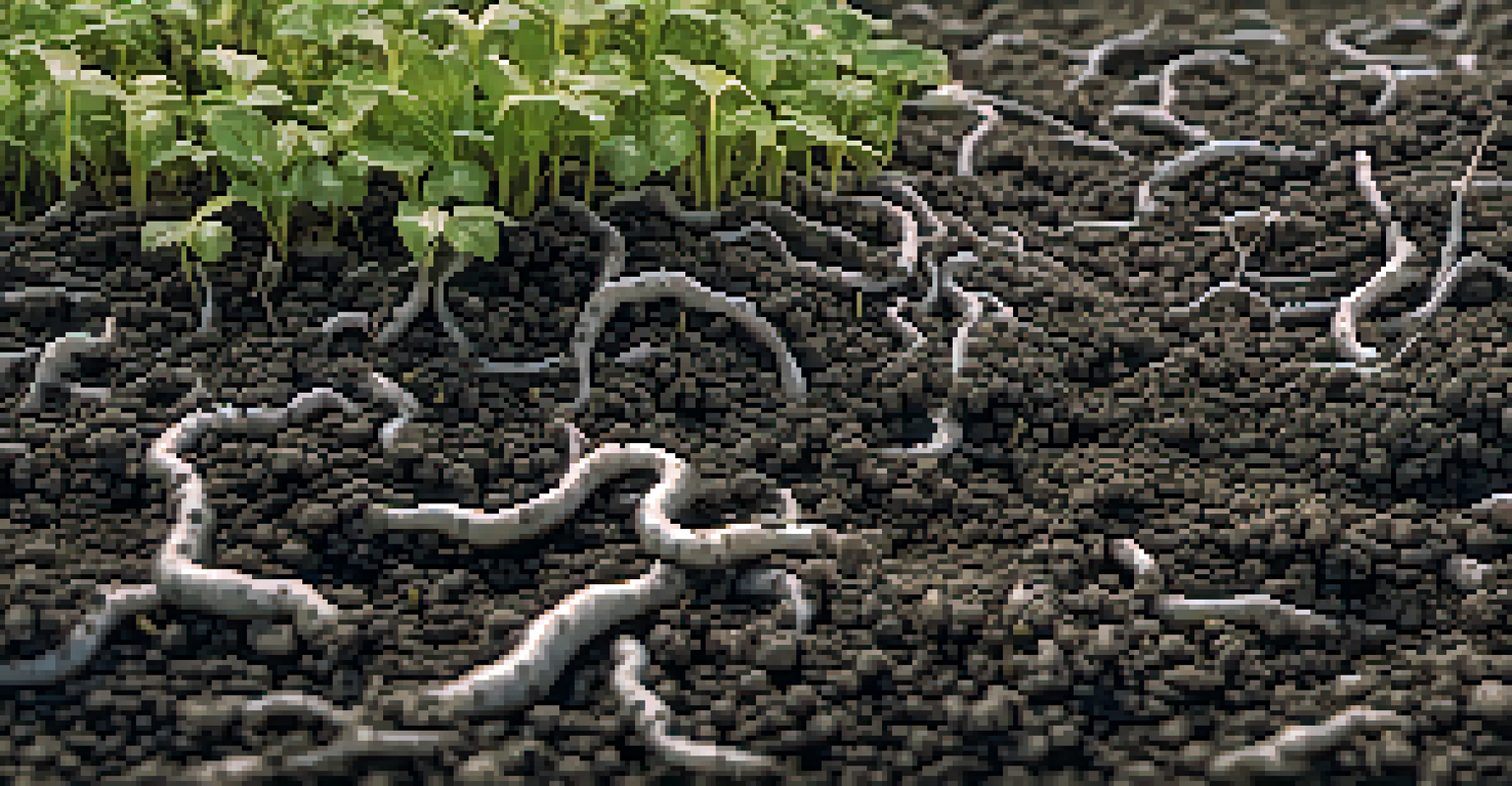 A close-up view of healthy soil enriched by decomposing cover crops, showing roots, earthworms, and fungal threads.