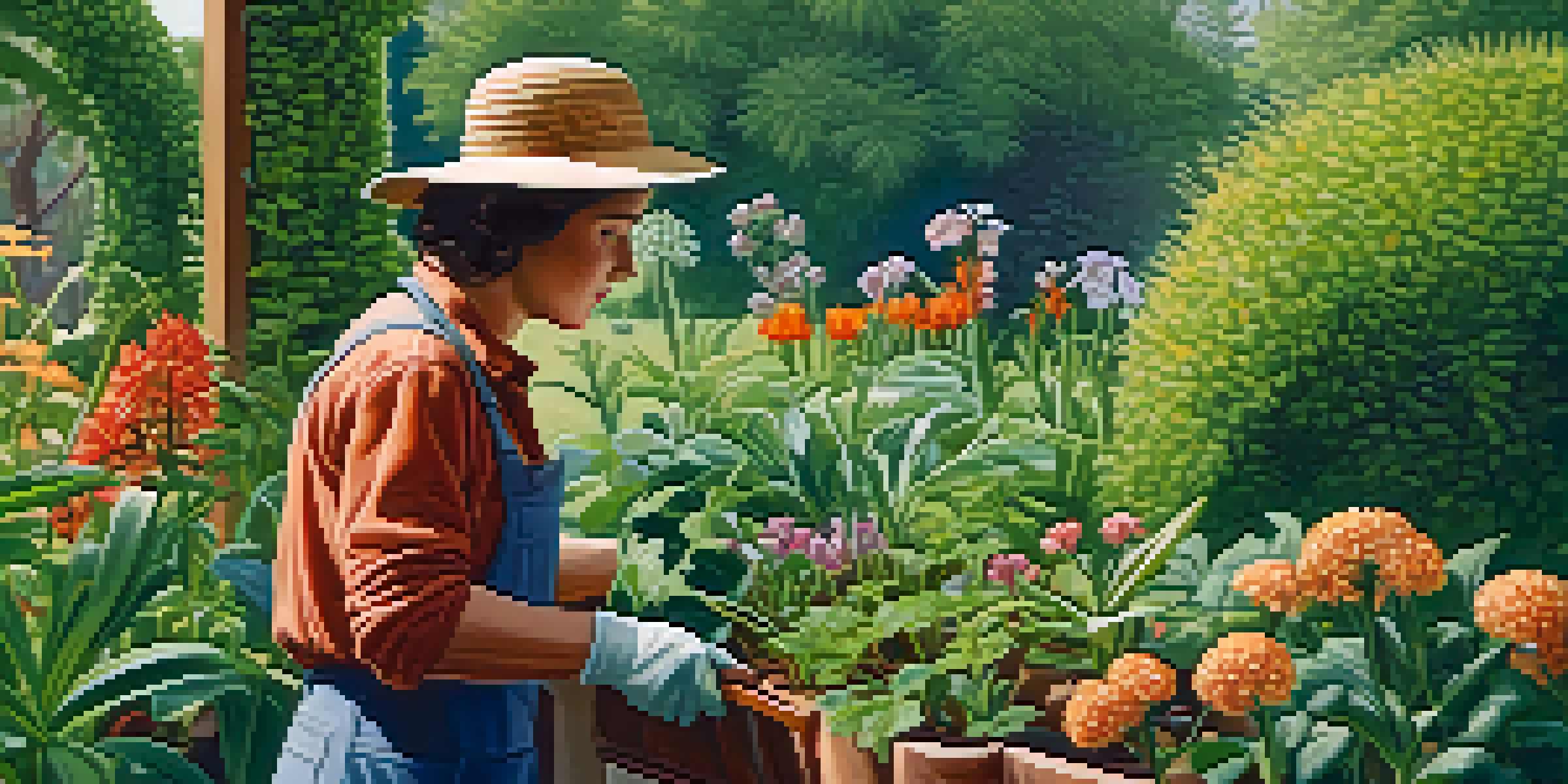 A gardener inspecting ornamental plants in a vibrant garden, with some plants showing rust spots.
