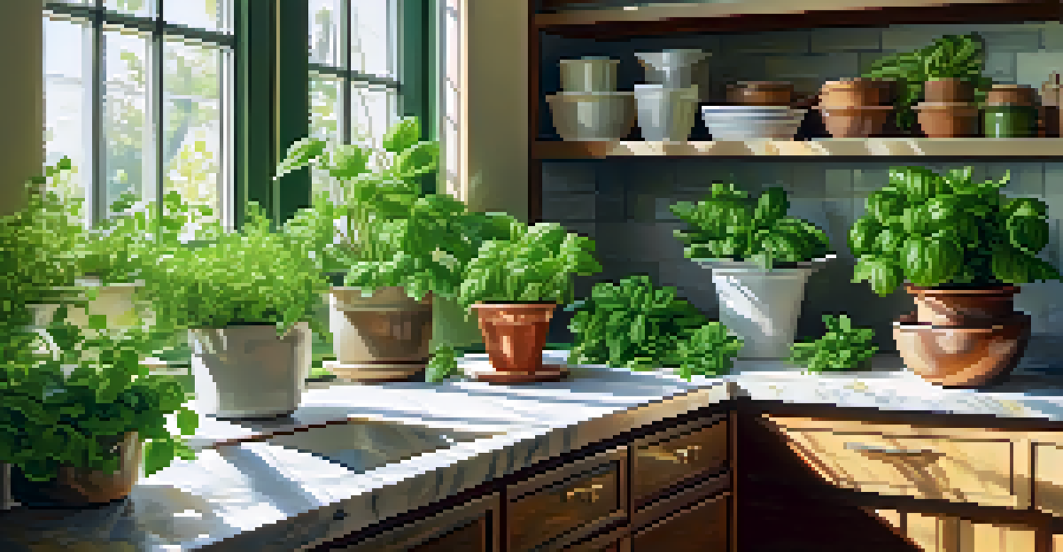 A bright kitchen with a herb garden on the windowsill, displaying pots of fresh basil and mint under sunlight.