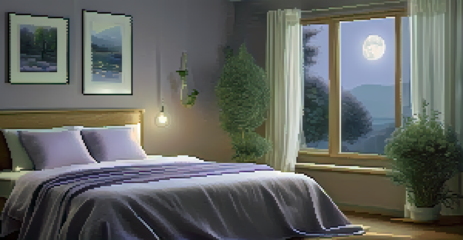A serene bedroom with lavender plants on the bedside table, illuminated by soft moonlight.