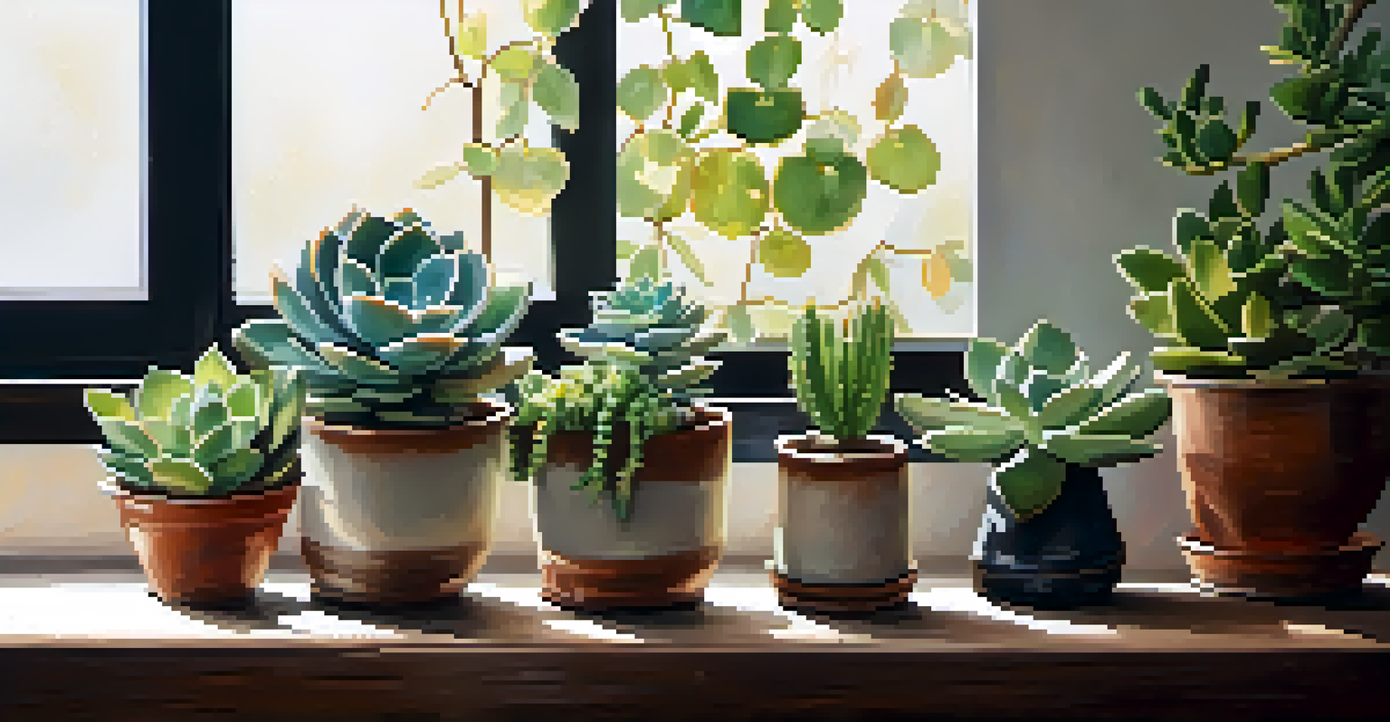 A vibrant indoor garden corner with small succulents on a rustic wooden shelf, decorative ceramic pots, and sunlight filtering through a window.