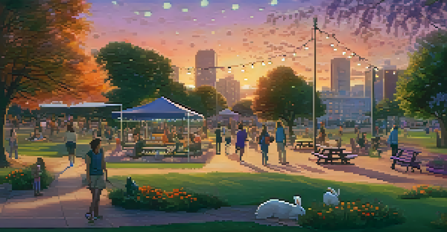 An urban park at dusk, featuring a colorful sunset, diverse plants, and people having a picnic under fairy lights in the trees.