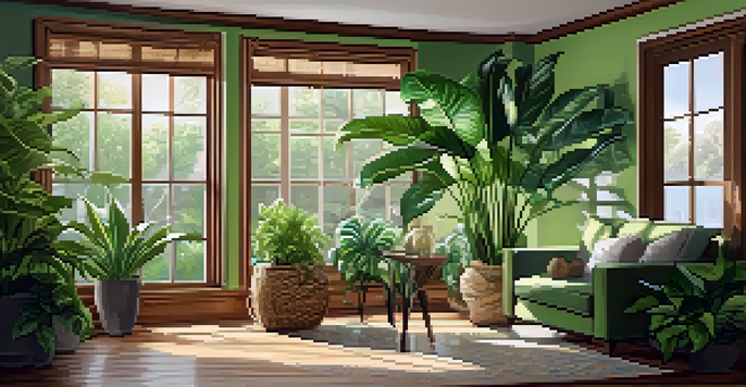 A warm and inviting indoor living room decorated with various indoor plants and natural light.