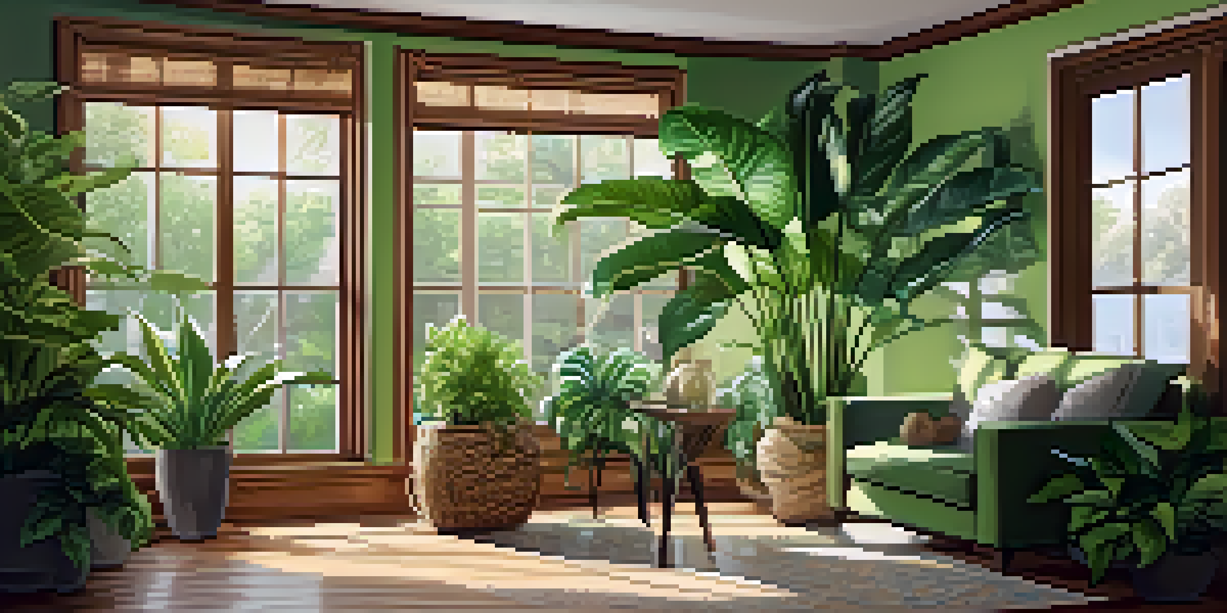 A warm and inviting indoor living room decorated with various indoor plants and natural light.