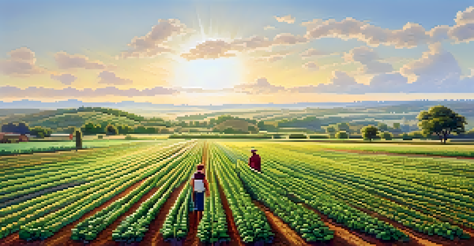 An agricultural field with alternating rows of legumes and crops, with a farmer checking the soil on a sunny day.