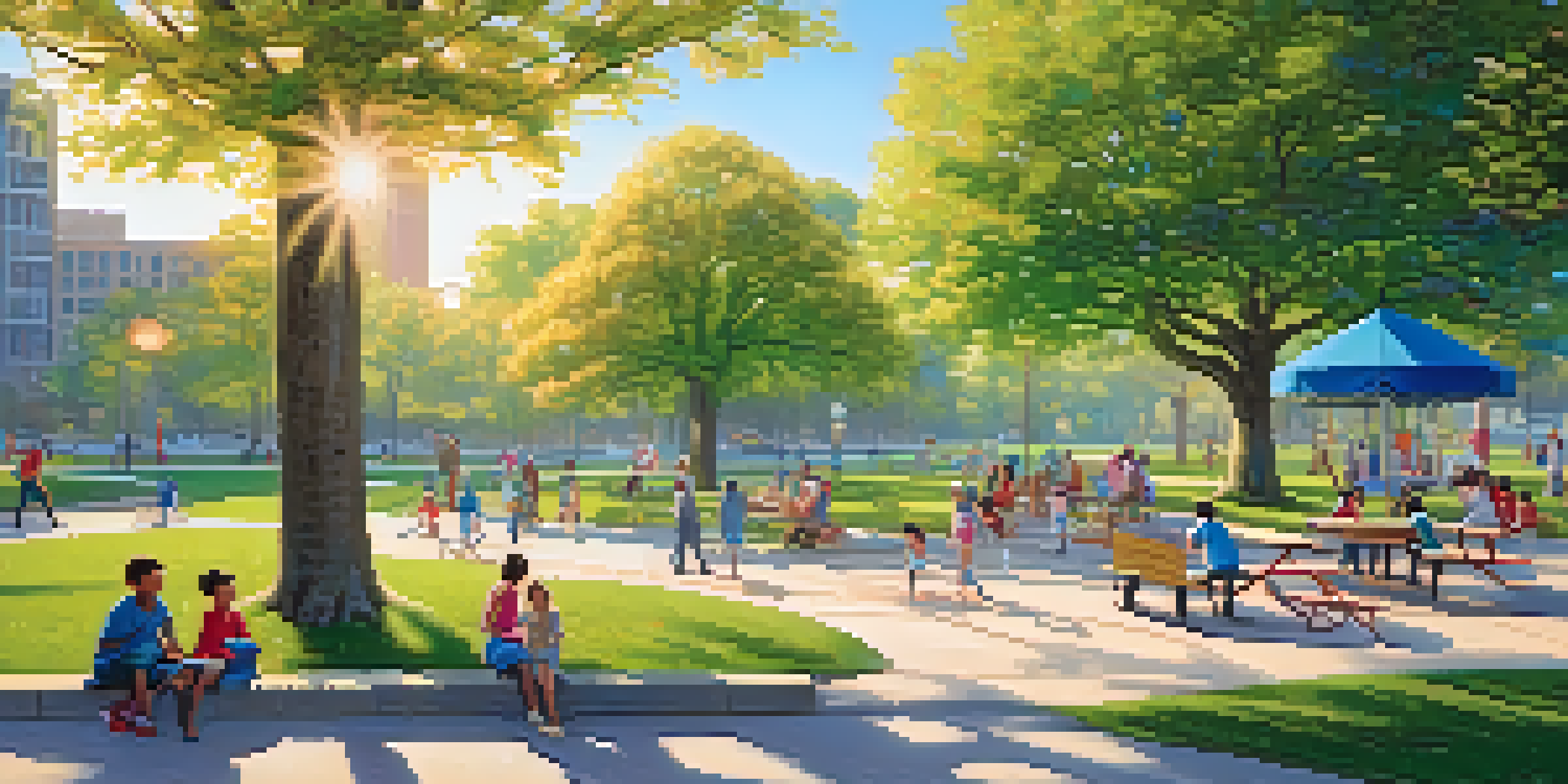 A lively urban park with families picnicking under trees, children playing, and city buildings in the background on a sunny day.