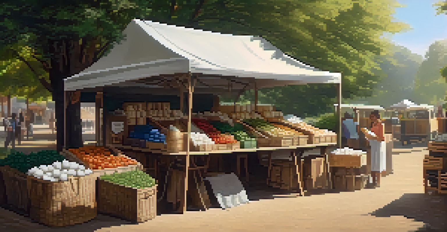 An outdoor farmer's market stall displaying organic cotton products and information about sustainable farming.