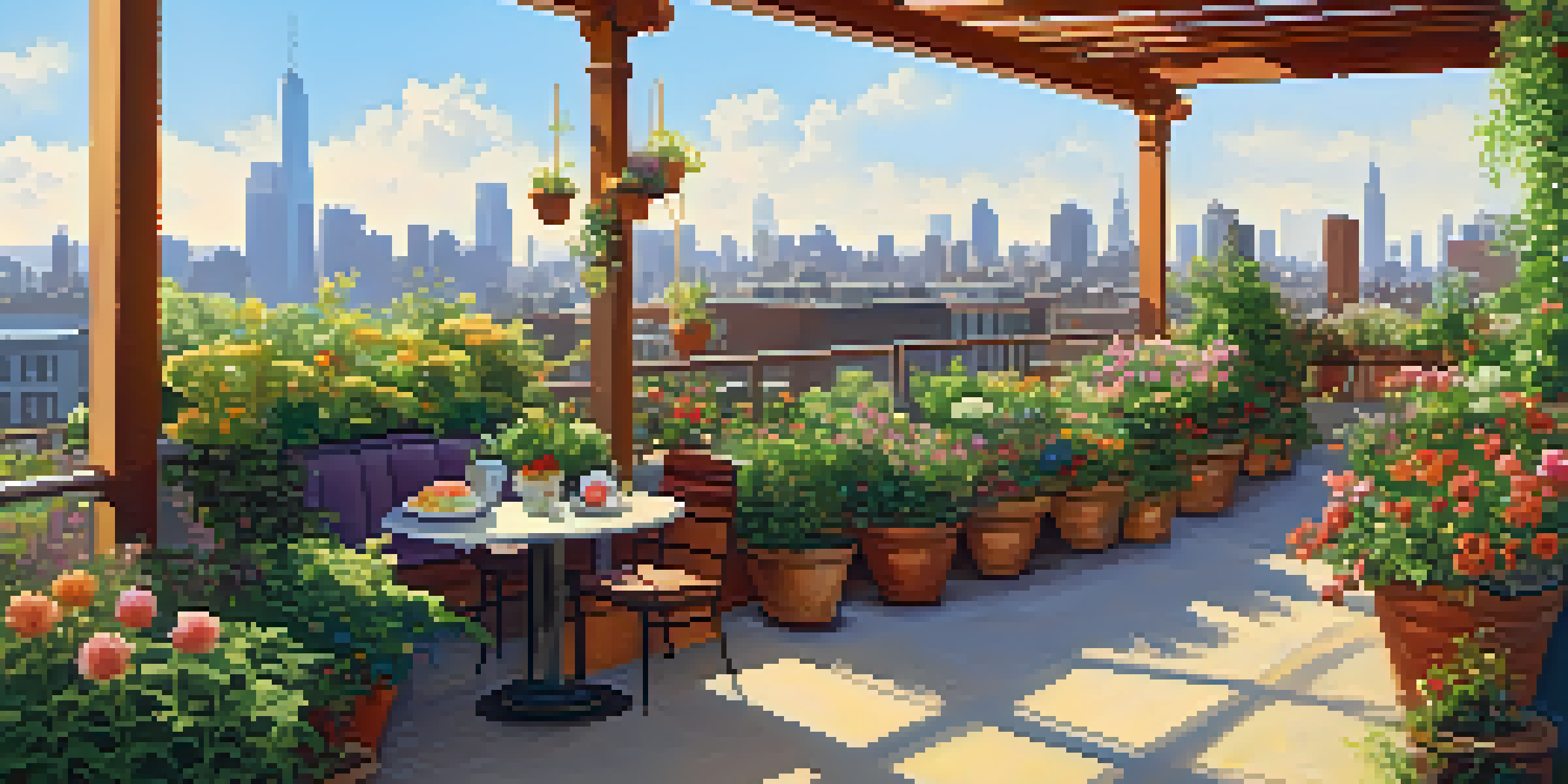 A colorful rooftop garden with flowers, plants, and a small seating area overlooking a city skyline during the afternoon.