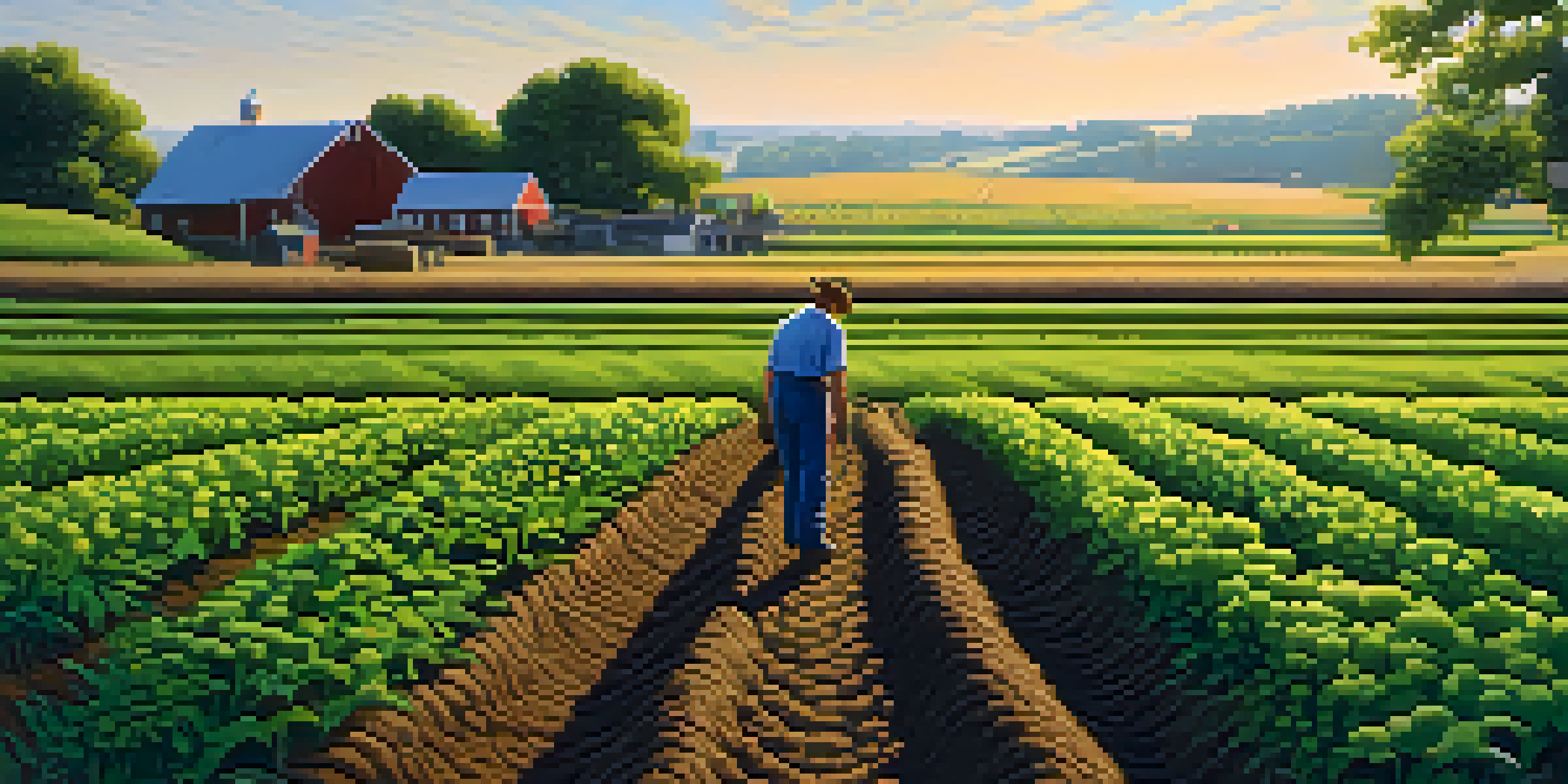 A farmer kneeling on dark soil, inspecting green crops with cover crops like clover and vetch in a sunny farm landscape.