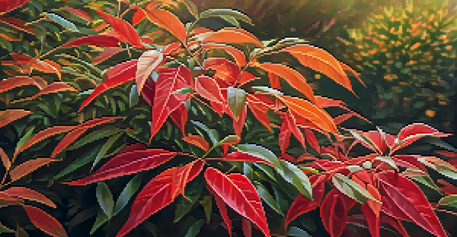 Close-up of Nandina shrubs with colorful fall foliage against a softly blurred garden background.