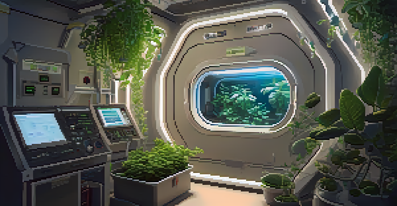 Plants growing in a microgravity chamber with unusual growth patterns and scientific instruments.