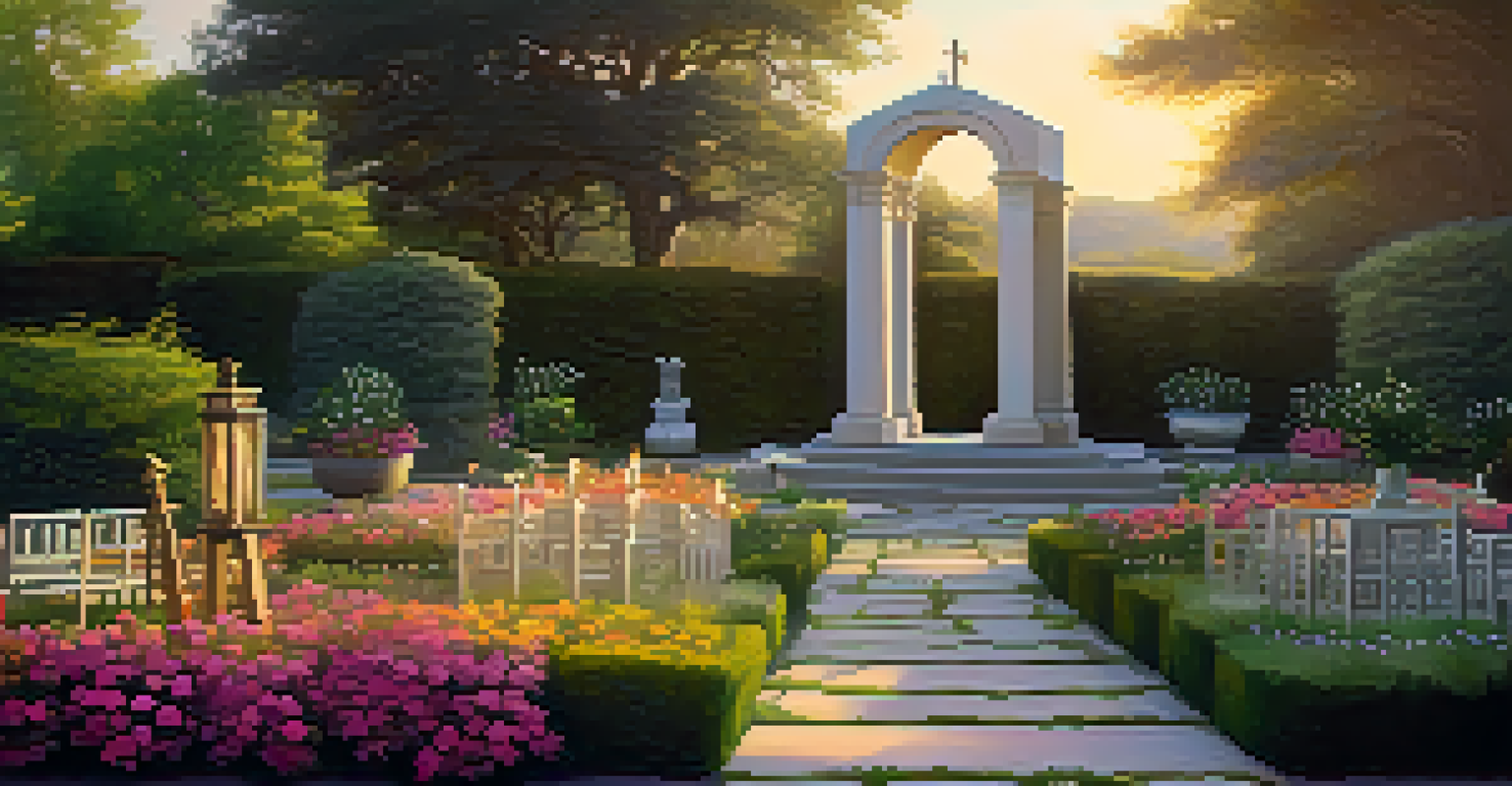A memorial garden with rosemary plants, colorful flowers, and an altar at sunset.