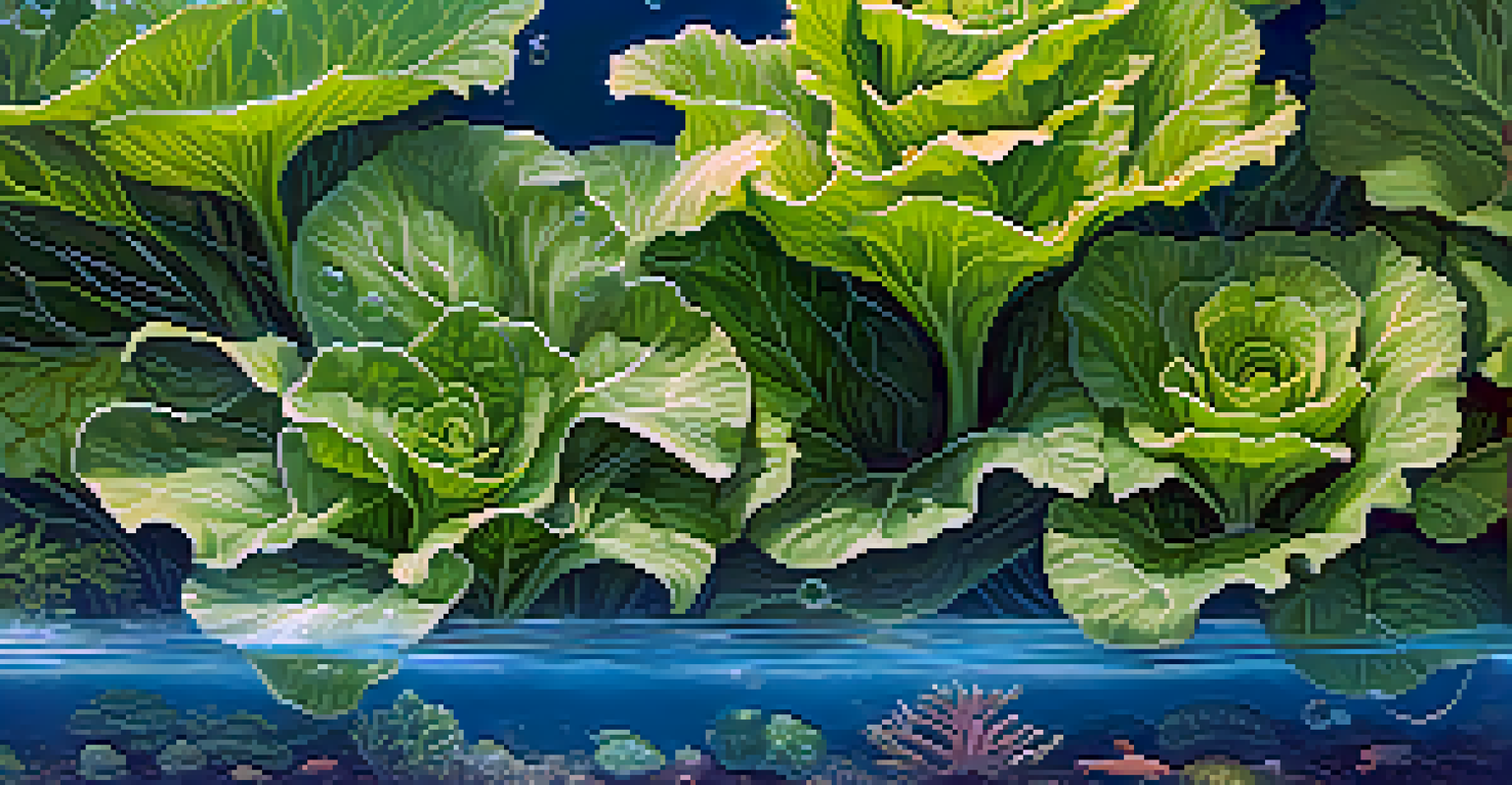 A close-up of vibrant lettuce and kale plants growing in an aquaponics system, with fish swimming below in clear water.