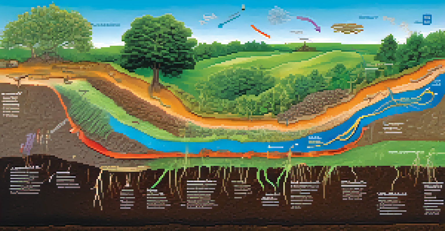 A scientific illustration showing soil microorganisms and nutrient cycling with arrows indicating the flow of nutrients to plants.