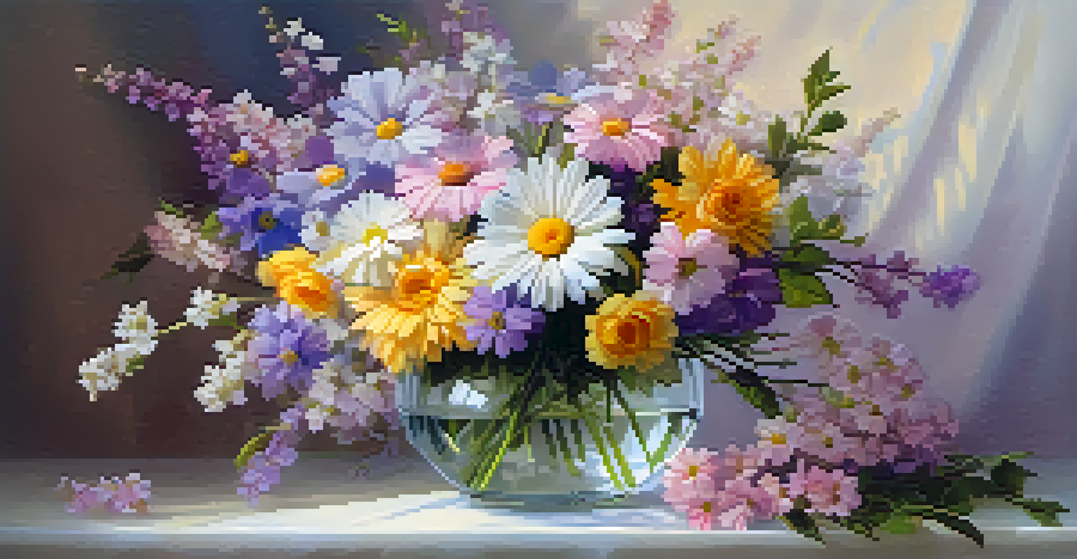 A beautiful bouquet of flowers in a glass vase, showcasing various types of blooms with a soft background.