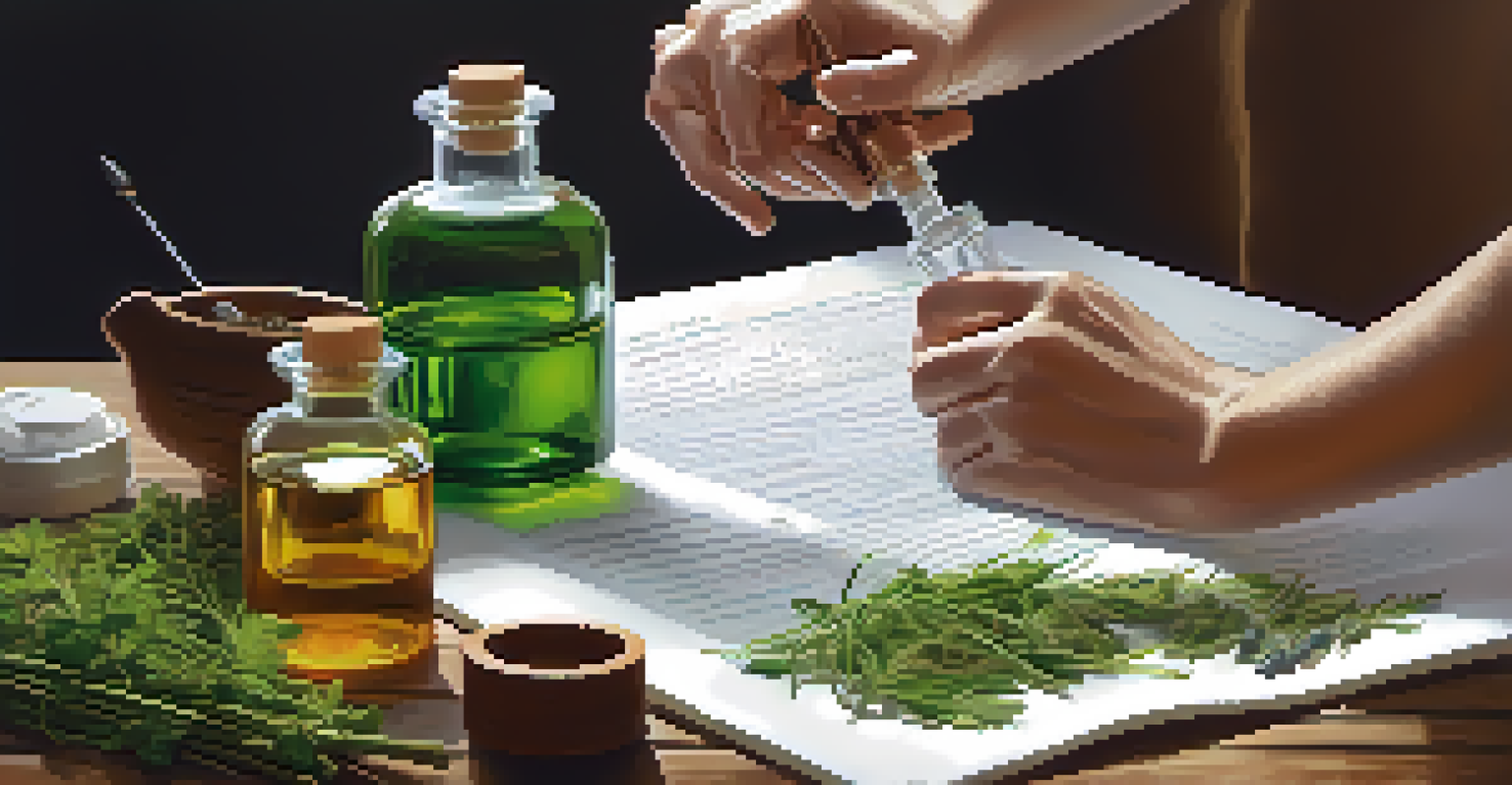 Close-up of a practitioner preparing a homeopathic remedy, shaking a vial with fresh herbs and tools in the background.