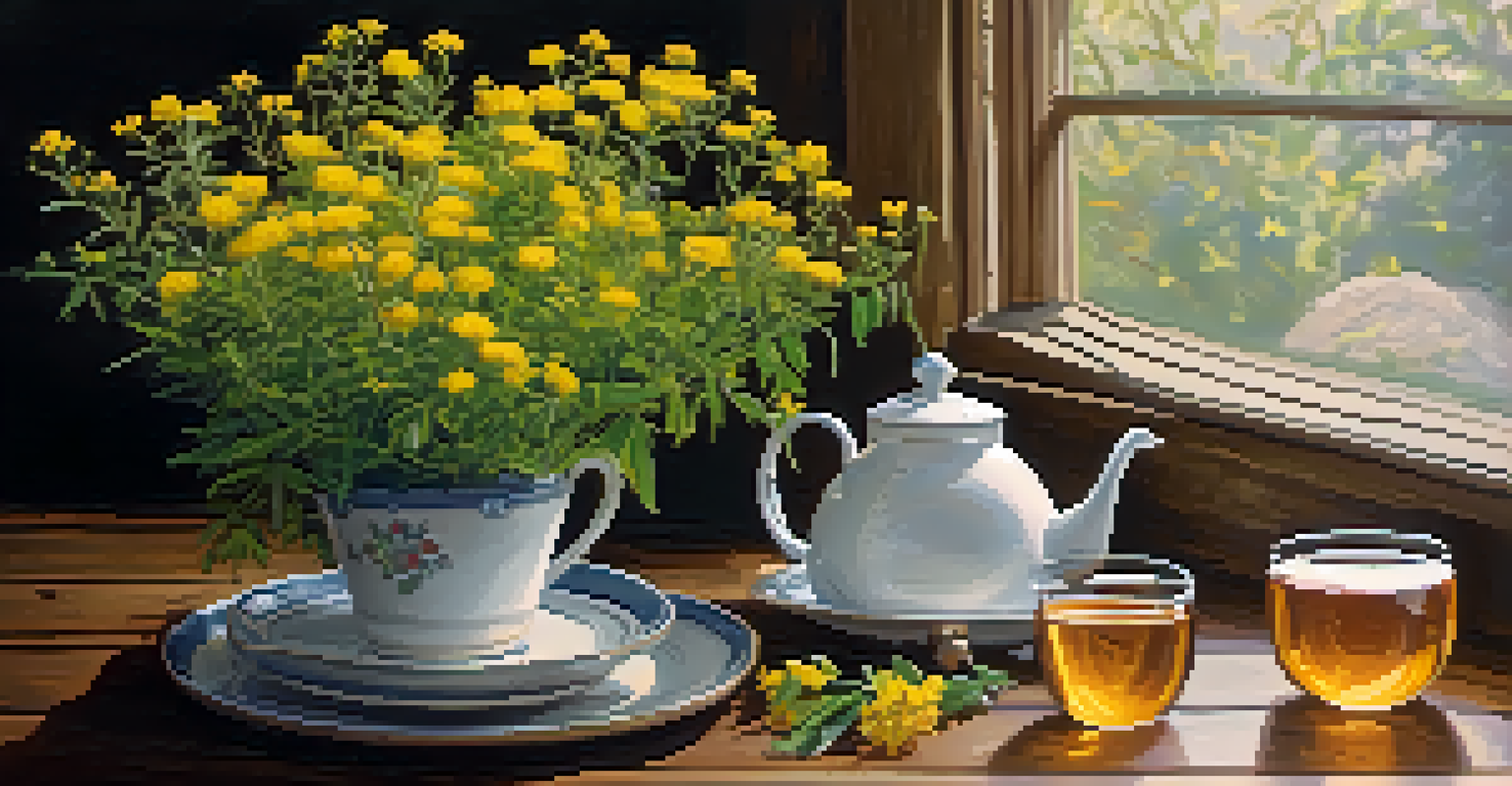 A steaming cup of St. John's Wort tea on a wooden table, with fresh flowers and loose tea leaves, illuminated by warm light.
