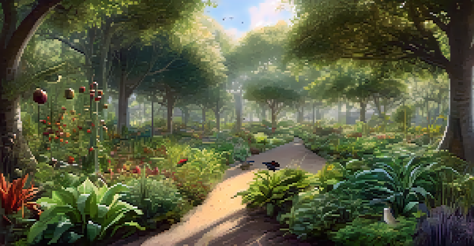 A layered food forest with various plants and trees, showcasing a self-sustaining ecosystem in natural light.