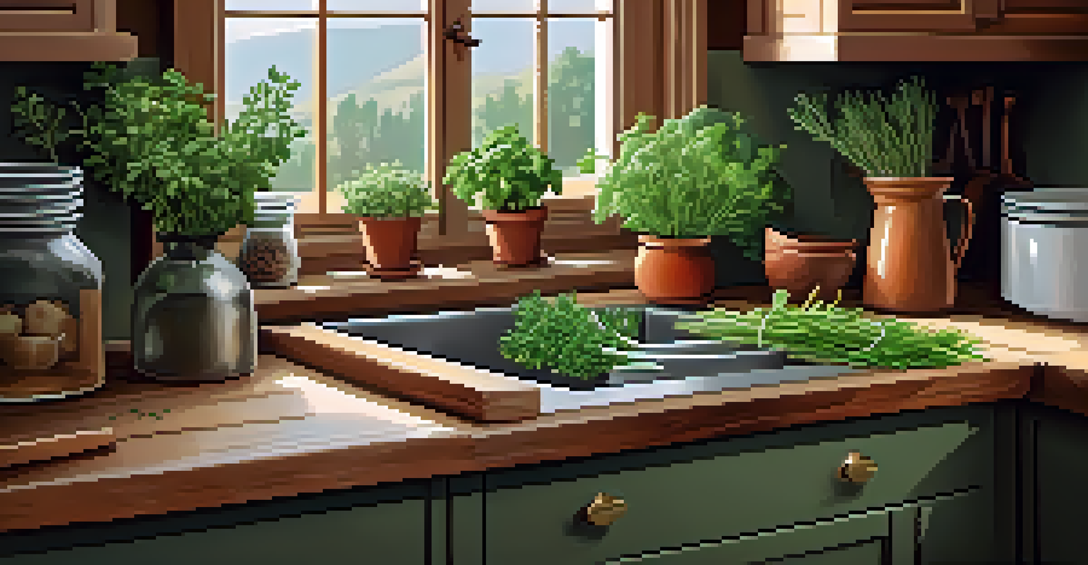 A kitchen with a herb garden on the windowsill and fresh vegetables on a cutting board.