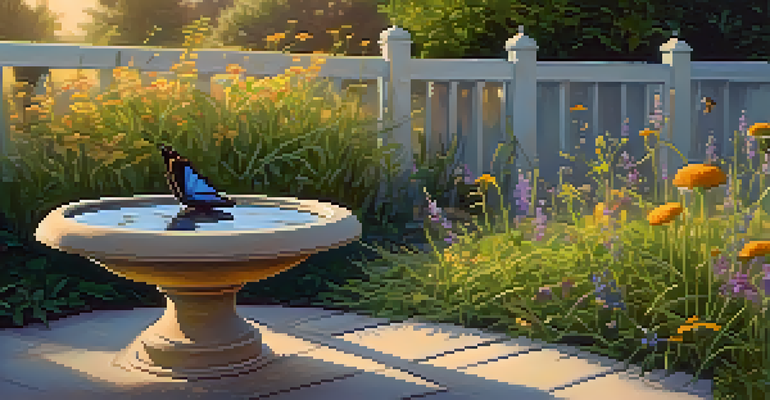 A peaceful garden corner with native wildflowers, a birdbath, and warm lighting, showing a butterfly near the birdbath.