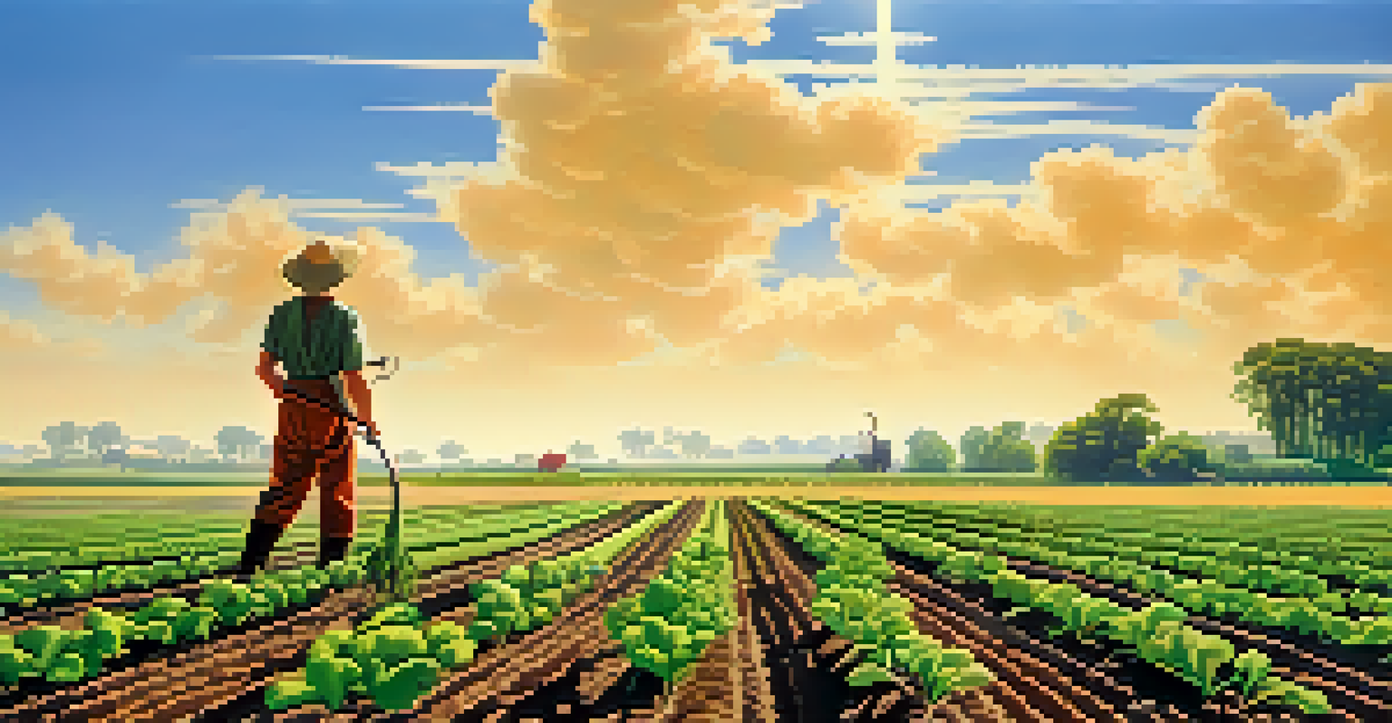 An agricultural field with flourishing crops and a farmer applying mycorrhizal inoculants, set against a clear blue sky.