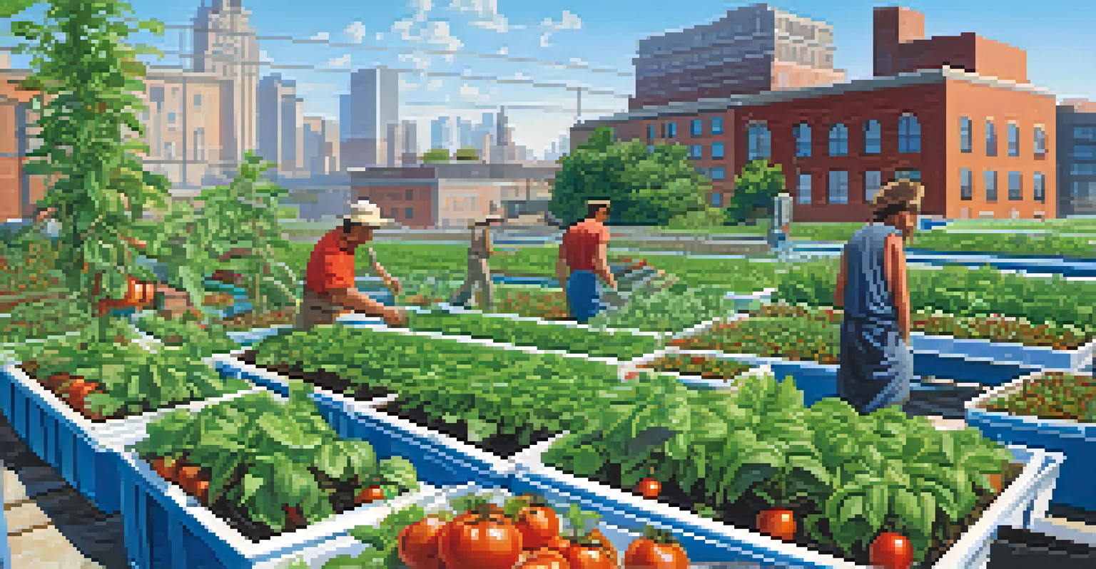 A rooftop hydroponic farm with farmers tending to rows of plants, featuring city buildings in the background under a blue sky.