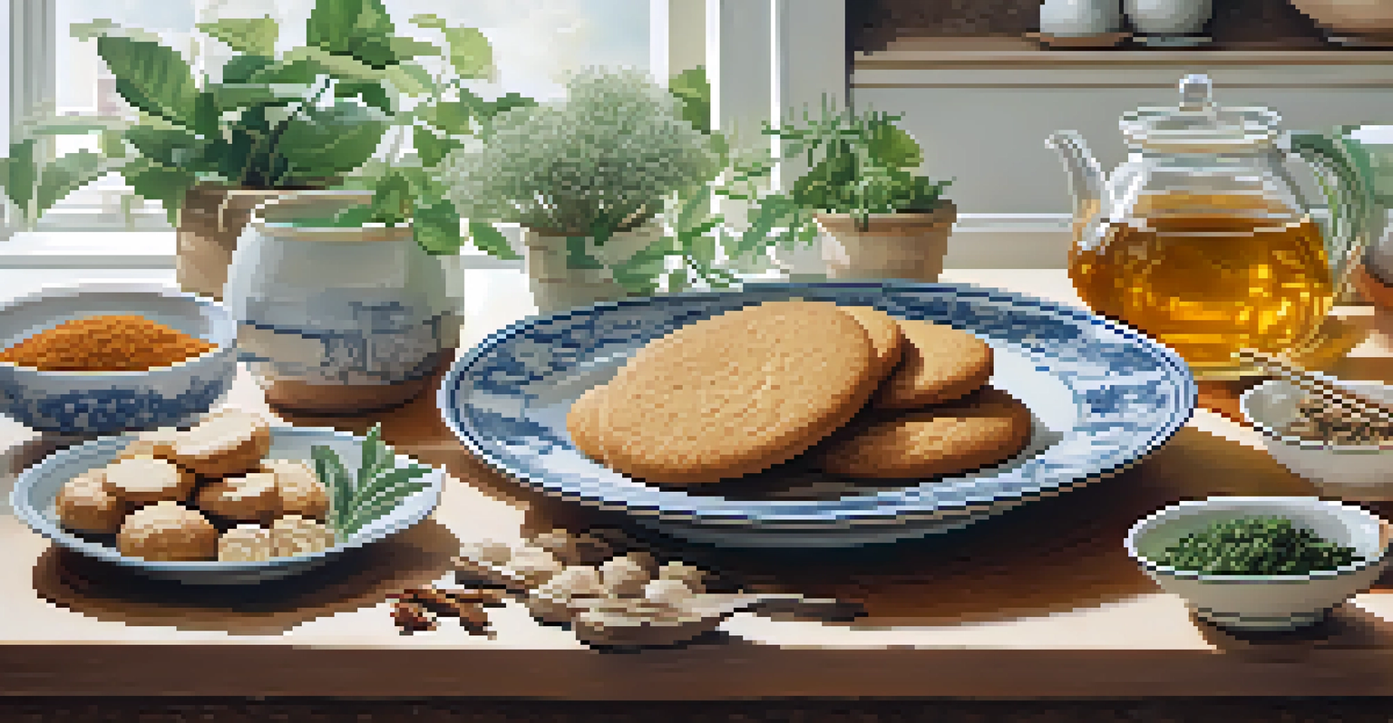 A plate displaying ginger dishes like ginger tea, pickled ginger, and ginger cookies in a cozy kitchen setting.