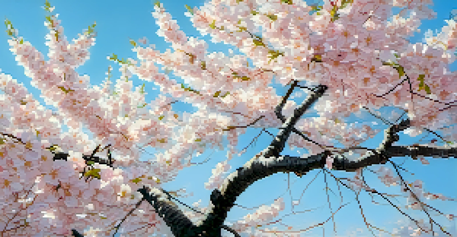 A close-up of a cherry blossom tree in full bloom, with delicate pink flowers against a blue sky.