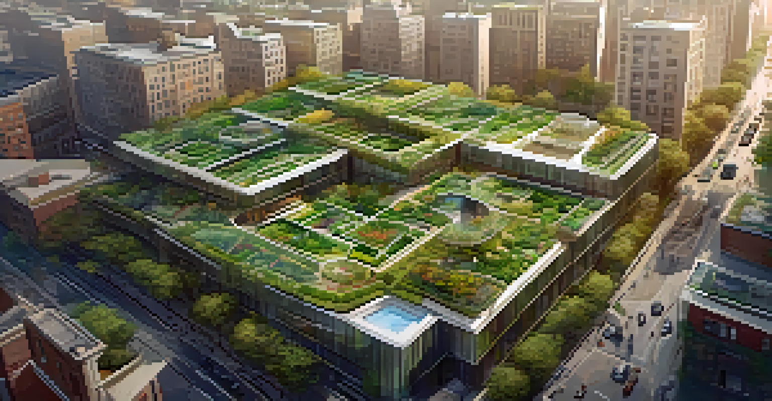 Aerial view of a city with green roofs and vertical gardens, blending urban structures and nature.