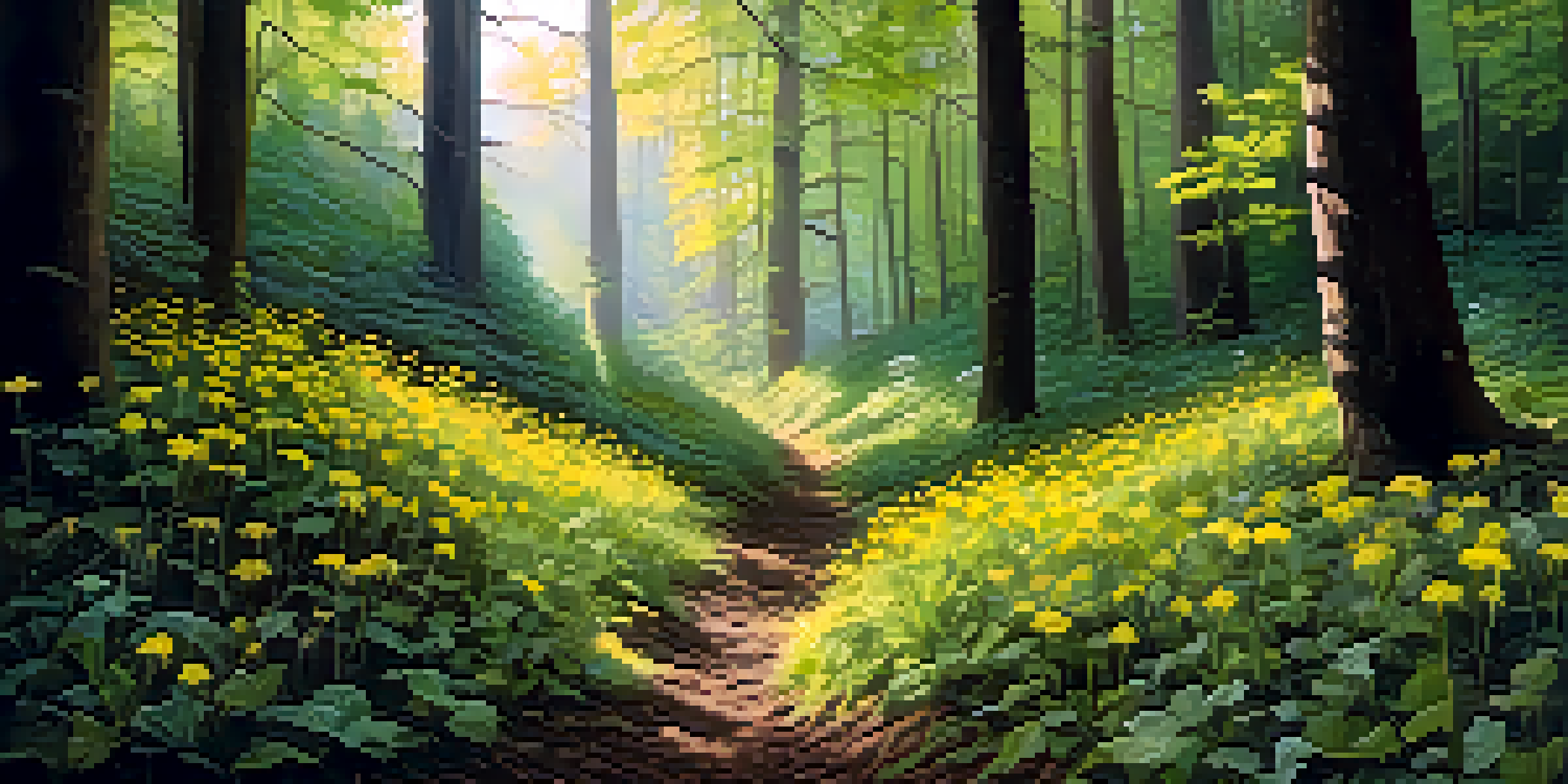 A peaceful forest with various wild edible plants like dandelions and nettles growing in rich soil, illuminated by soft morning light.