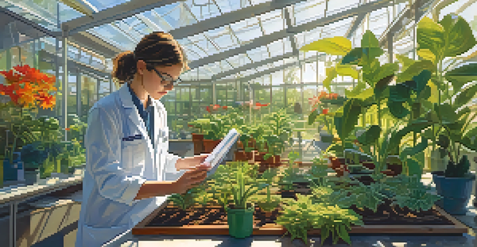 A greenhouse with colorful plants, sunlight streaming in, and a student examining a plant specimen.