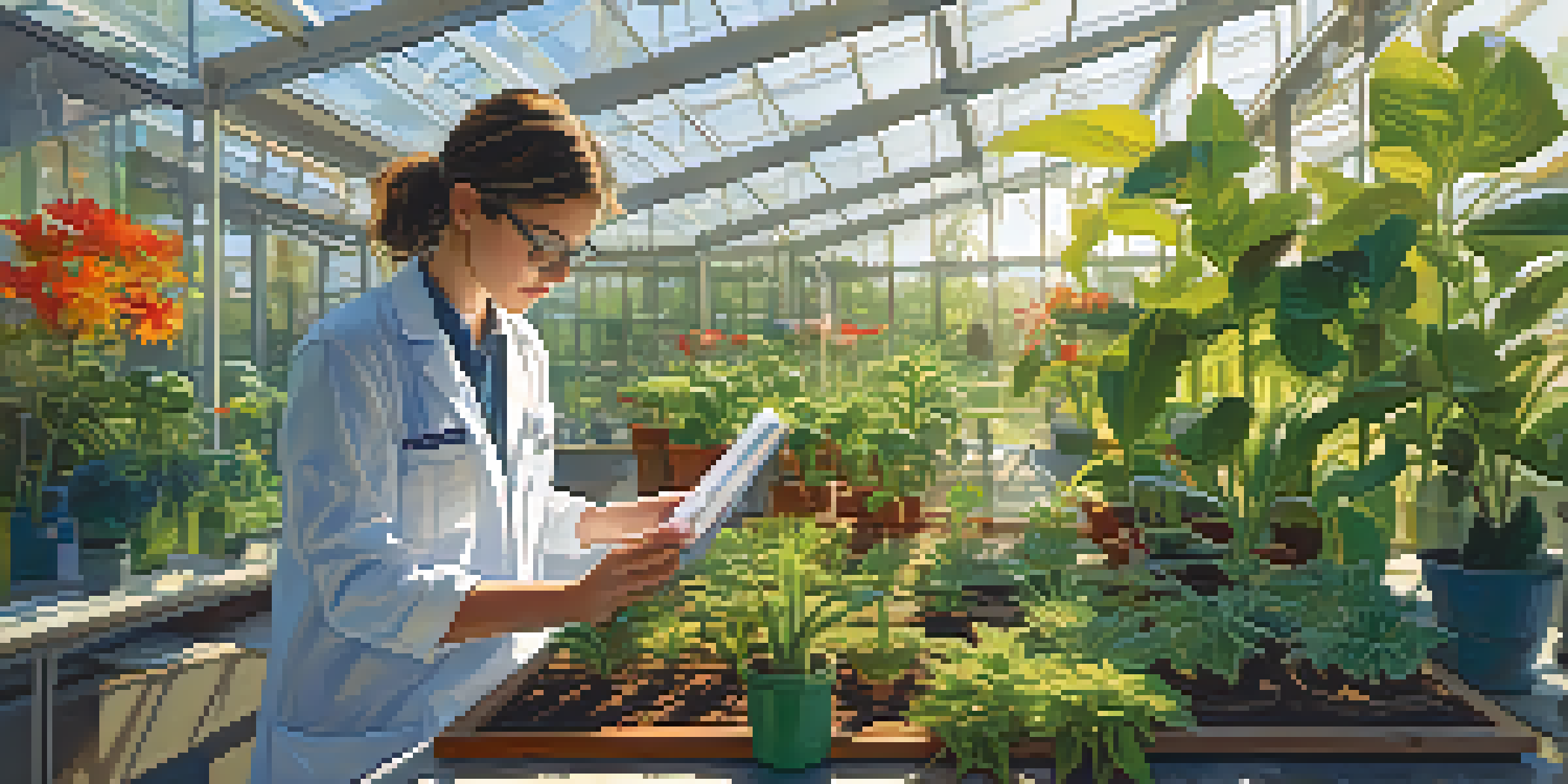 A greenhouse with colorful plants, sunlight streaming in, and a student examining a plant specimen.