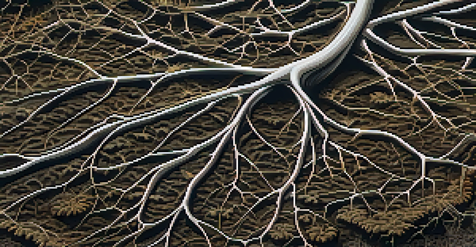 A close-up of soil showing mycorrhizal fungi with a network of hyphae connecting plant roots, illuminated by natural light.