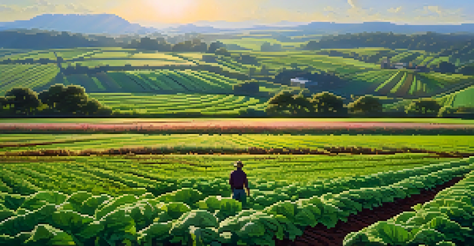 A farmer inspecting lush green cover crops in an agricultural field with deep-rooted radishes breaking through the soil, illuminated by warm sunlight.
