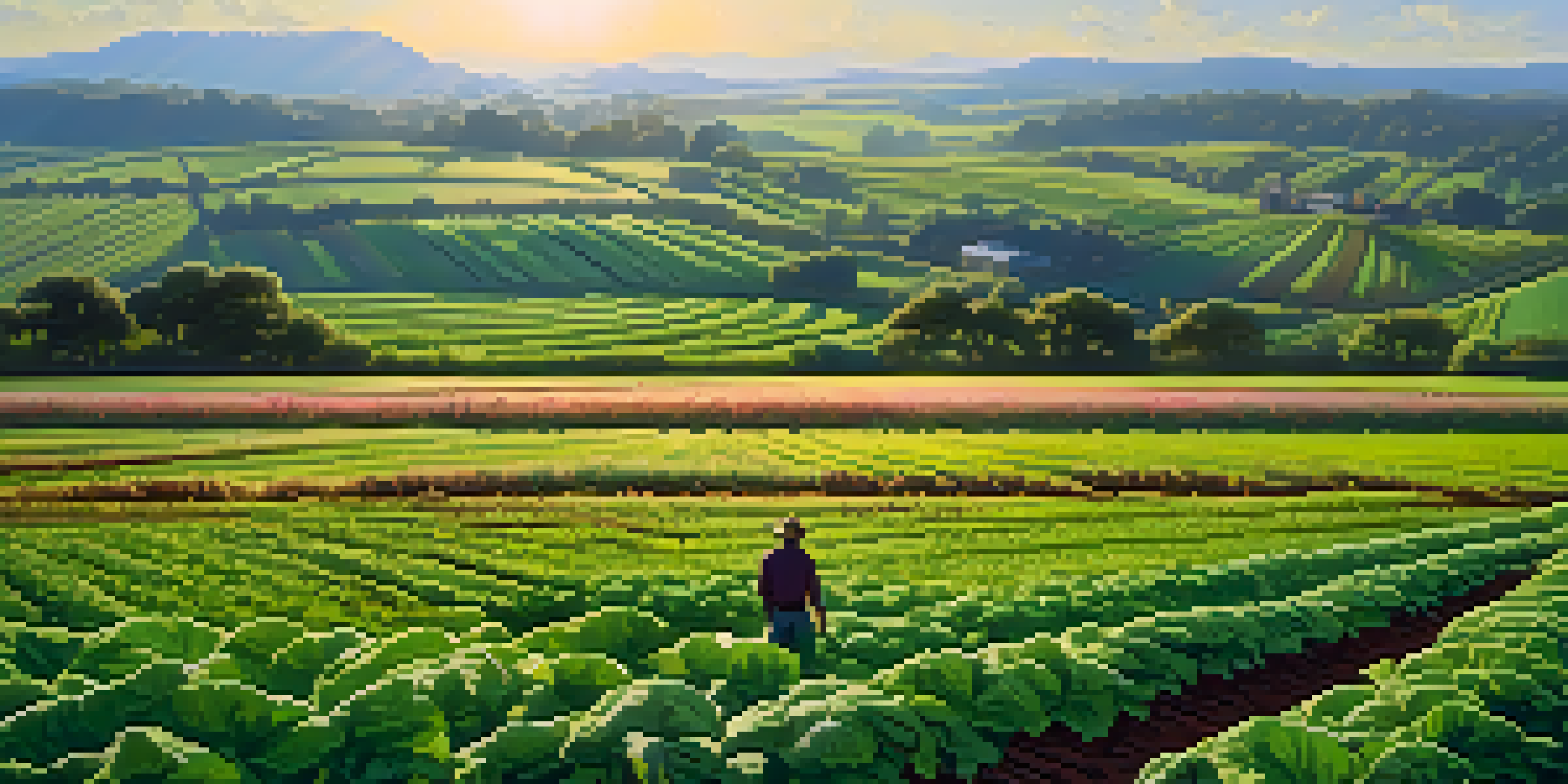A farmer inspecting lush green cover crops in an agricultural field with deep-rooted radishes breaking through the soil, illuminated by warm sunlight.