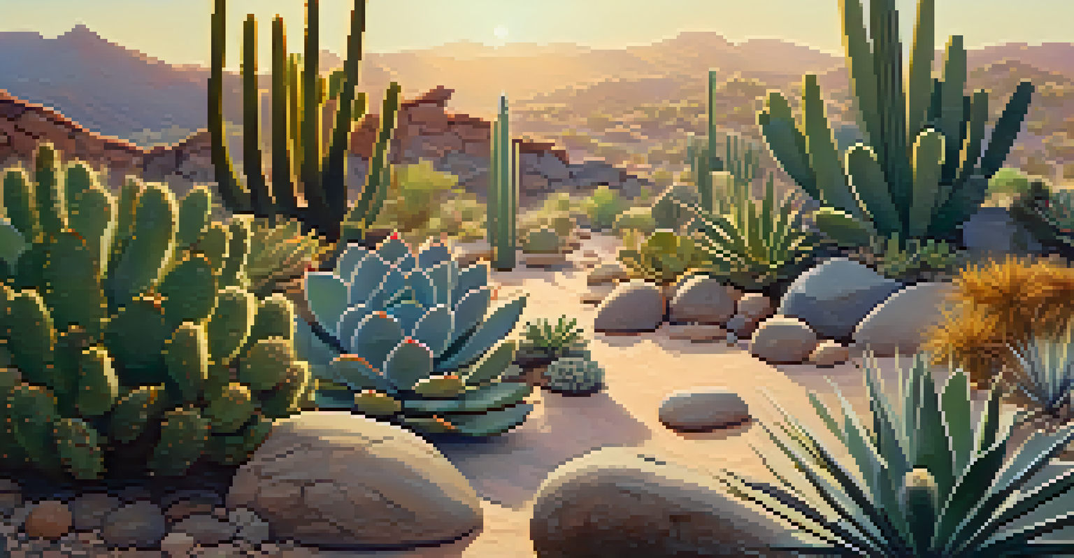 A rock garden with various cacti and succulents, illuminated by soft morning light.