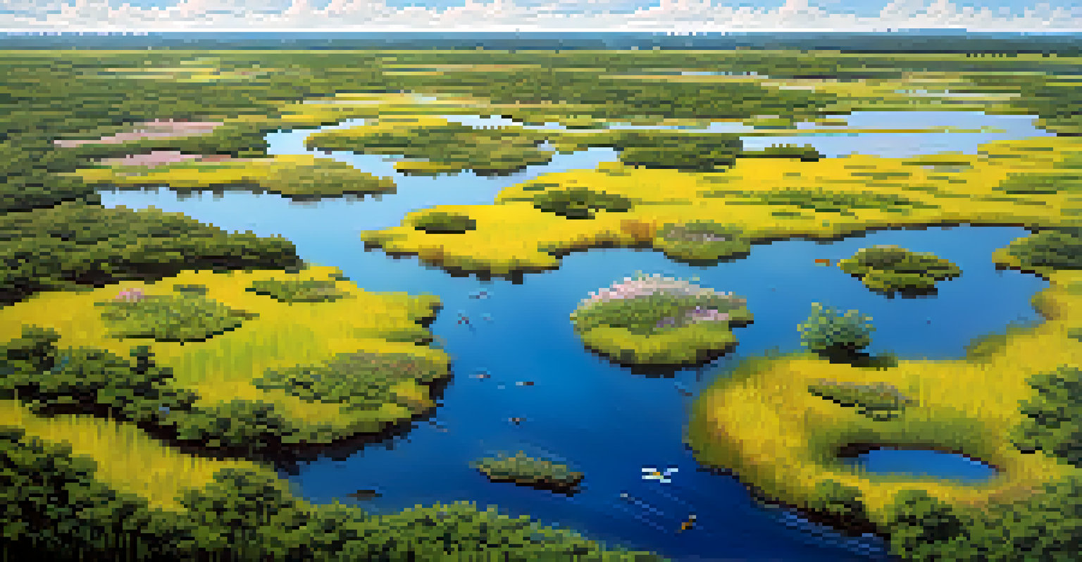 A bird's eye perspective of a vibrant restored wetland with ponds, native plants, and visible wildlife.