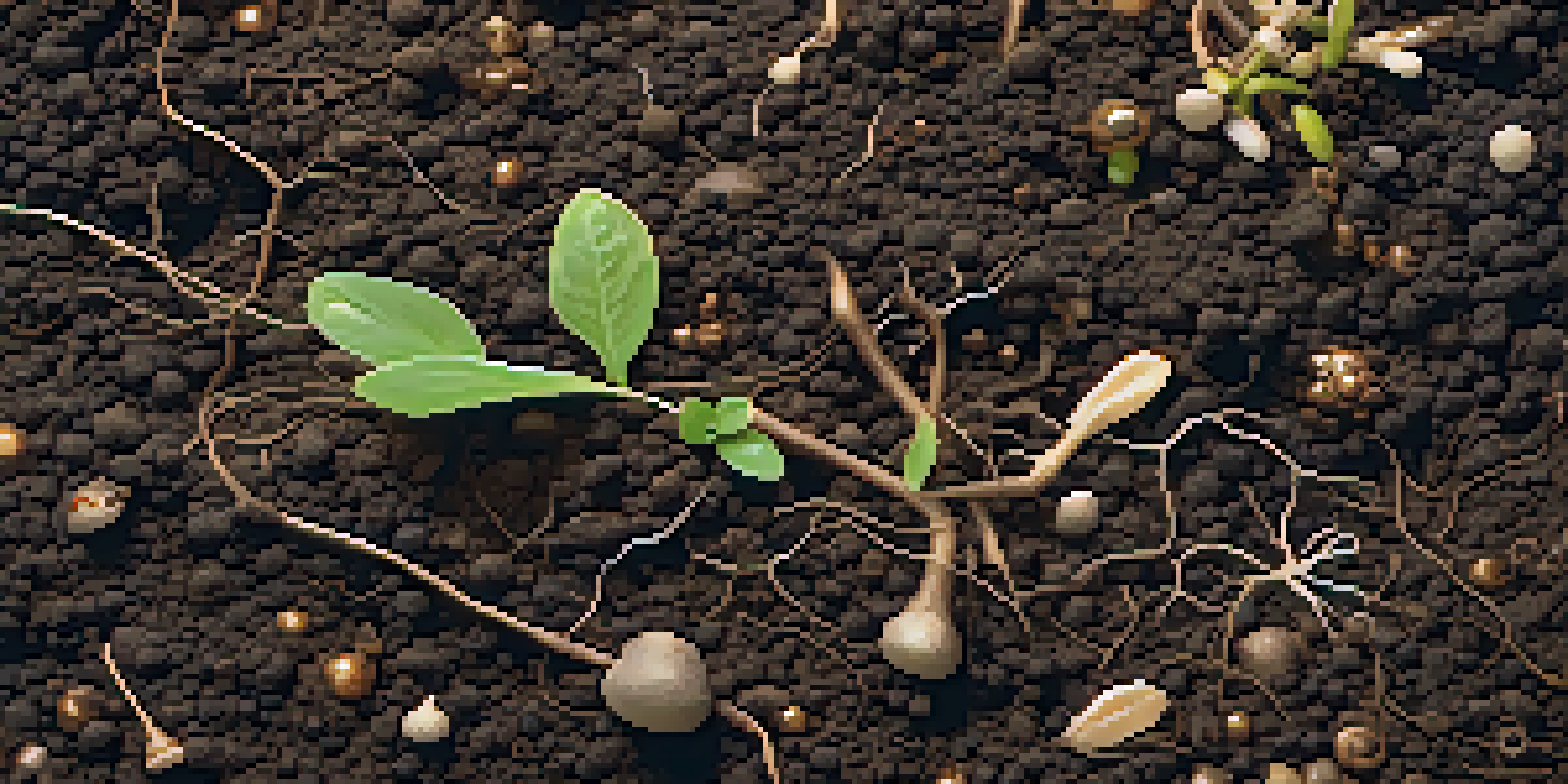 A close-up view of dark soil filled with various microbes, highlighting their interaction with organic matter like leaves and roots.