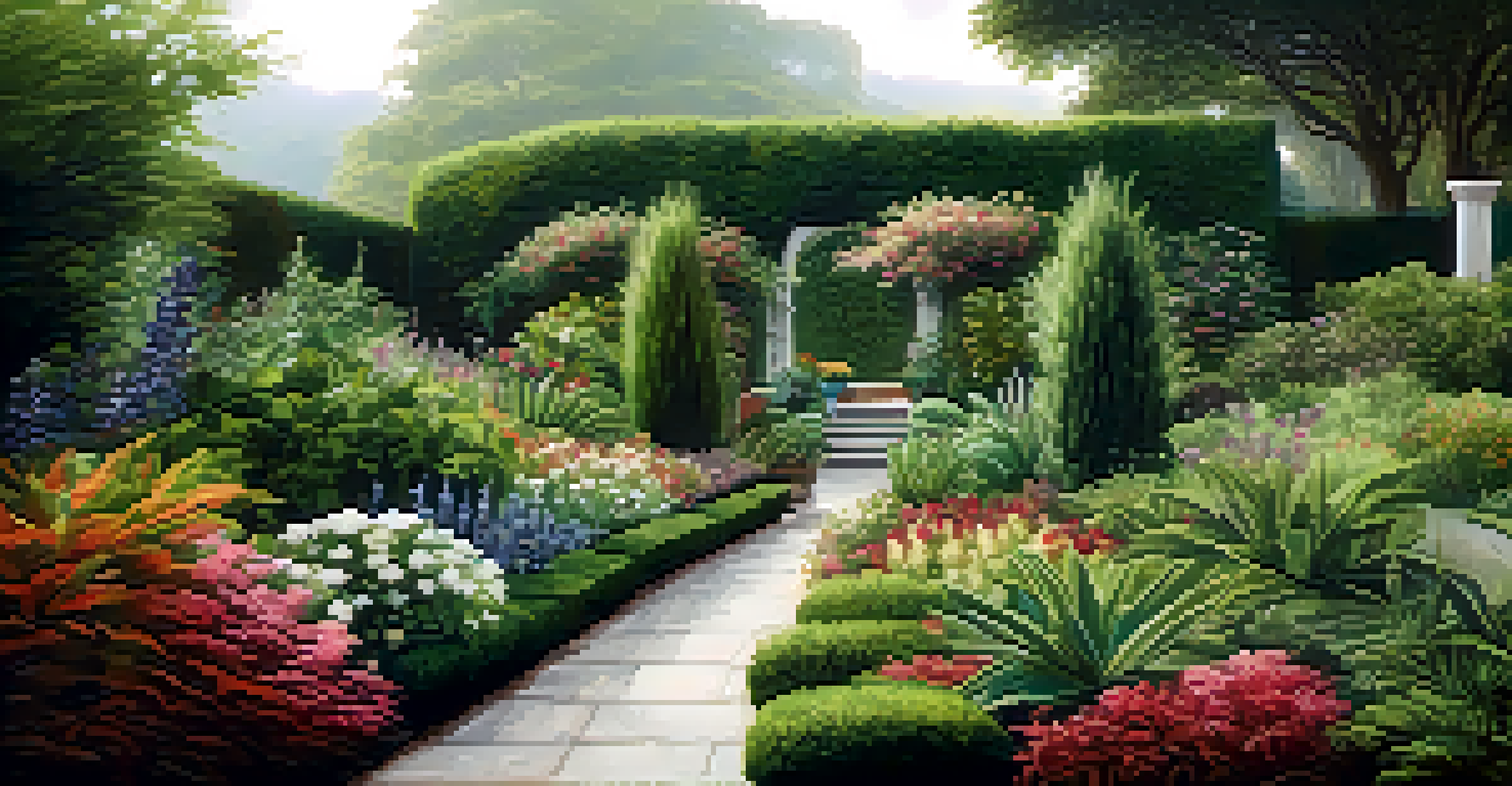 Panoramic view of a lush garden with various plants in focus, showcasing rich greens and textures.