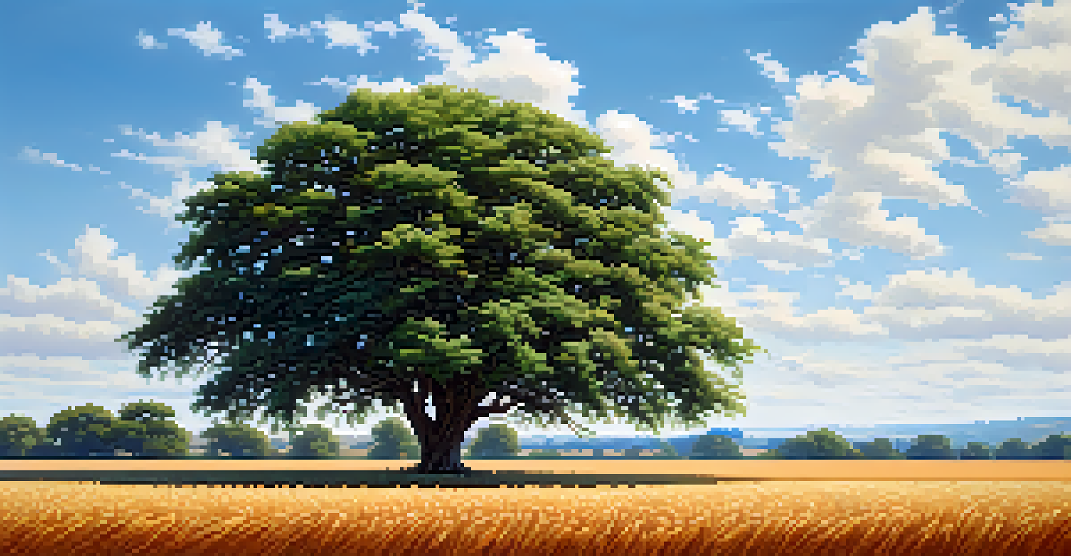 A tranquil crop field landscape with a strong tree in the foreground, symbolizing resilience, under a bright blue sky.